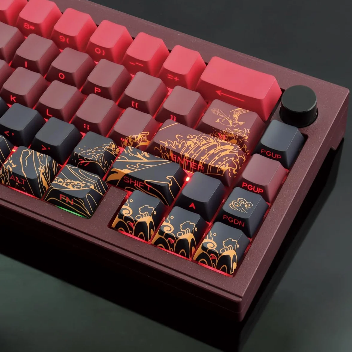 PBT Custom Keycaps, 131 Red Ukiyo-e Keycap Cherry Profile Dye-Sublimation Shine-Through Side Engraved Transparent Keycaps for Cherry Gateron MX Switches Mechanical Keyboards