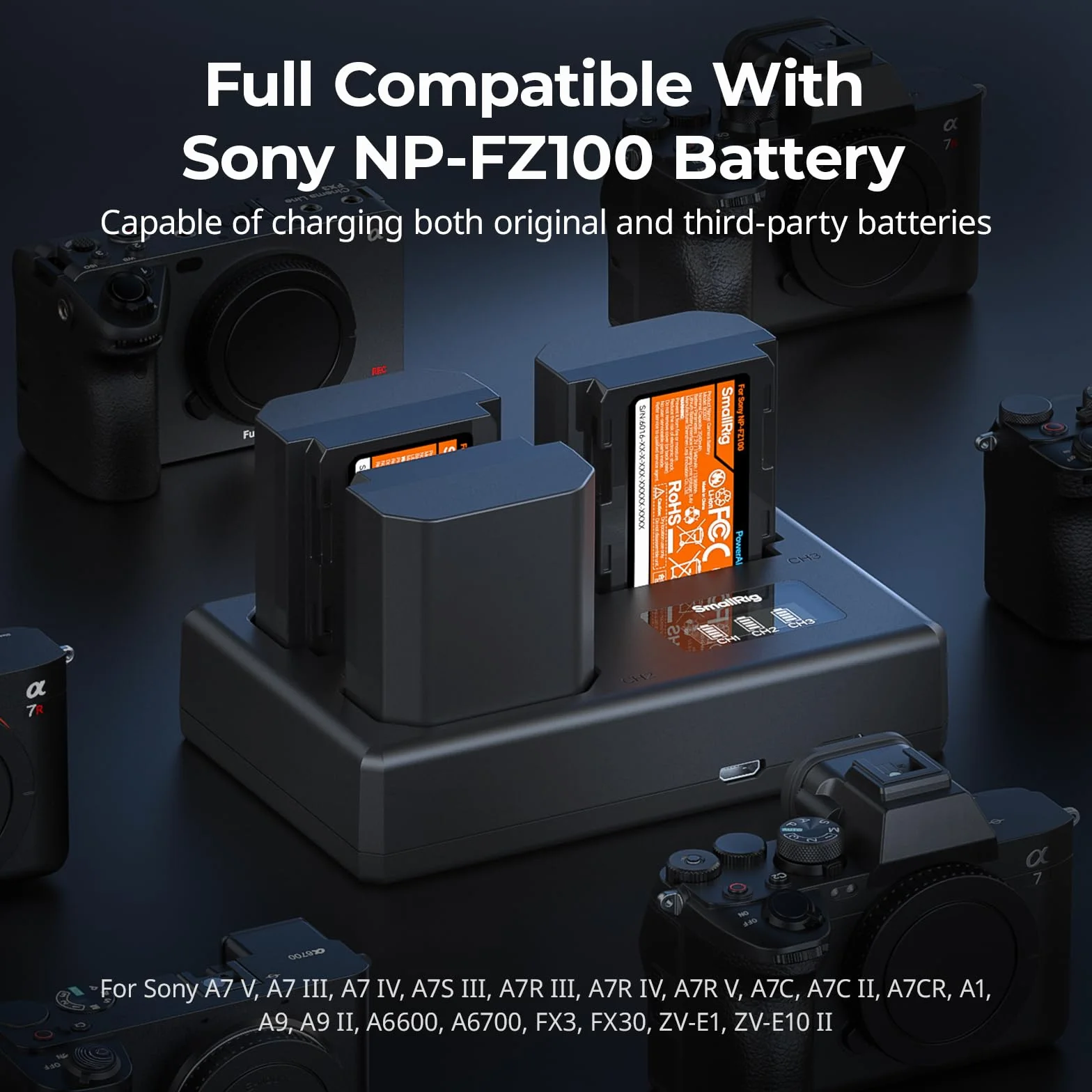 SMALLRIG aparatu Zestaw akumulatorów NP-FZ100, ładowarka LCD z trzema gniazdami i 3 bateriami o pojemności 1940mAh, do Sony A7V/A7IV/A7III/A7C/A6700/A6600/FX3/FX30/ZV-E1/ZV-E10II/A9III/A7RV – 6016