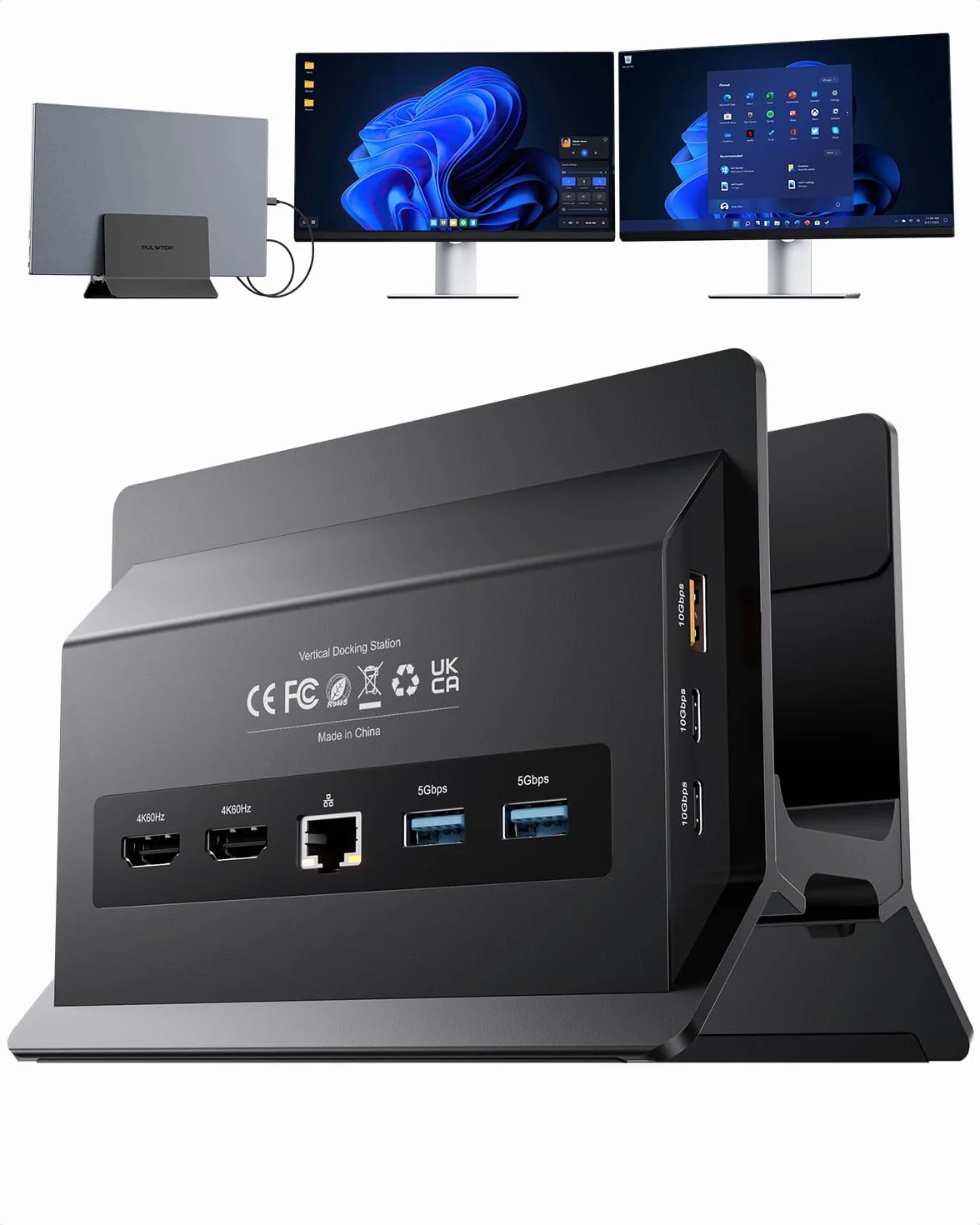 Stacja dokująca USB C, podwójny monitor 4K 60 Hz, pionowa stacja dokująca do laptopa 11 w 1 ze stojakiem, ładowanie PD 100 W, USB-C i USB-A, Gigabit Ethernet do laptopów z systemem Windows/Dell/Lenovo