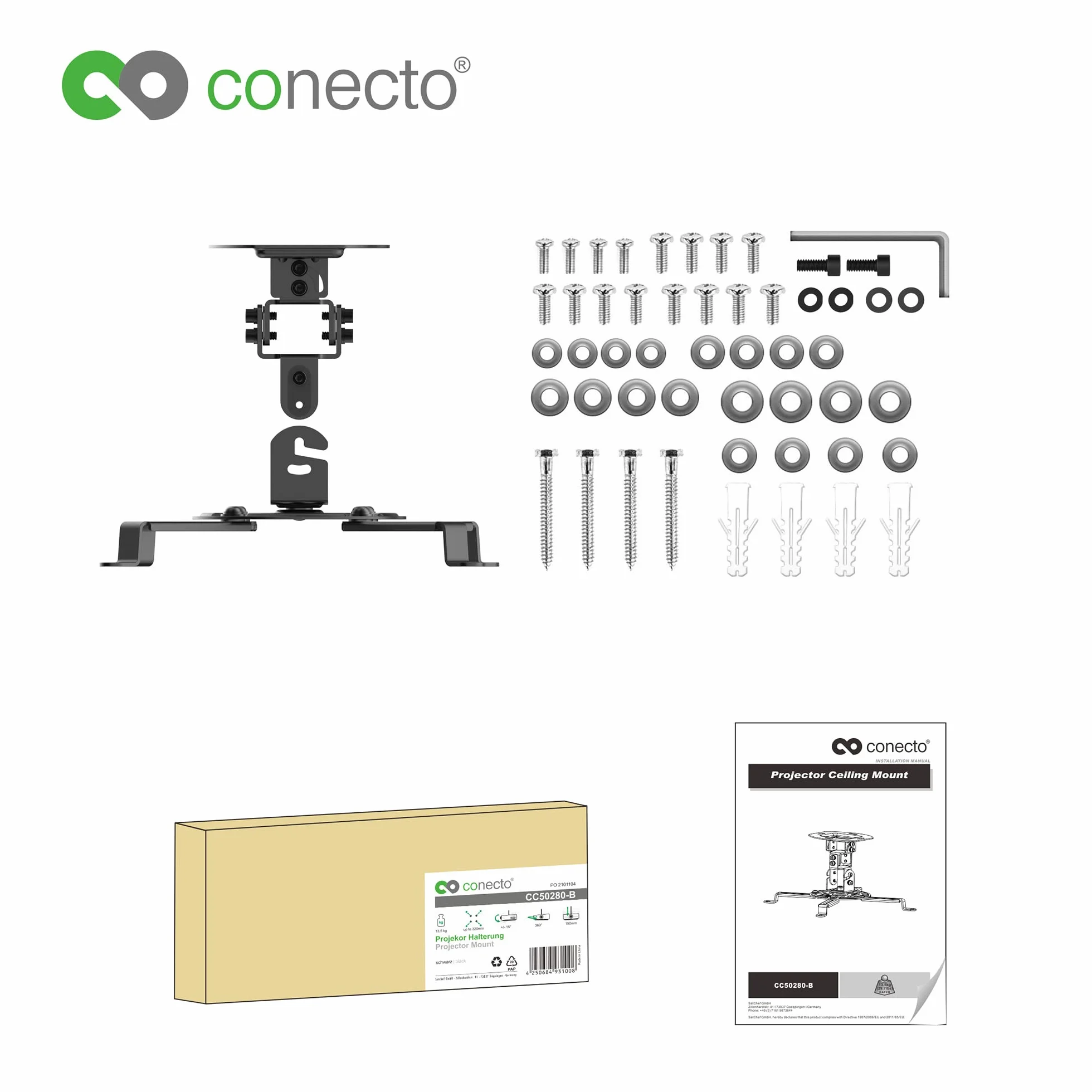conecto Uchwyt sufitowy do projektora, możliwość pochylenia (+/-15°), wychylny o 360°, obrotowy o 360°, odstęp sufitu 15cm, nośność maks. 13,5kg, uniwersalny zakres montażu 5,4-32cm, czarny SA-CC50280-B