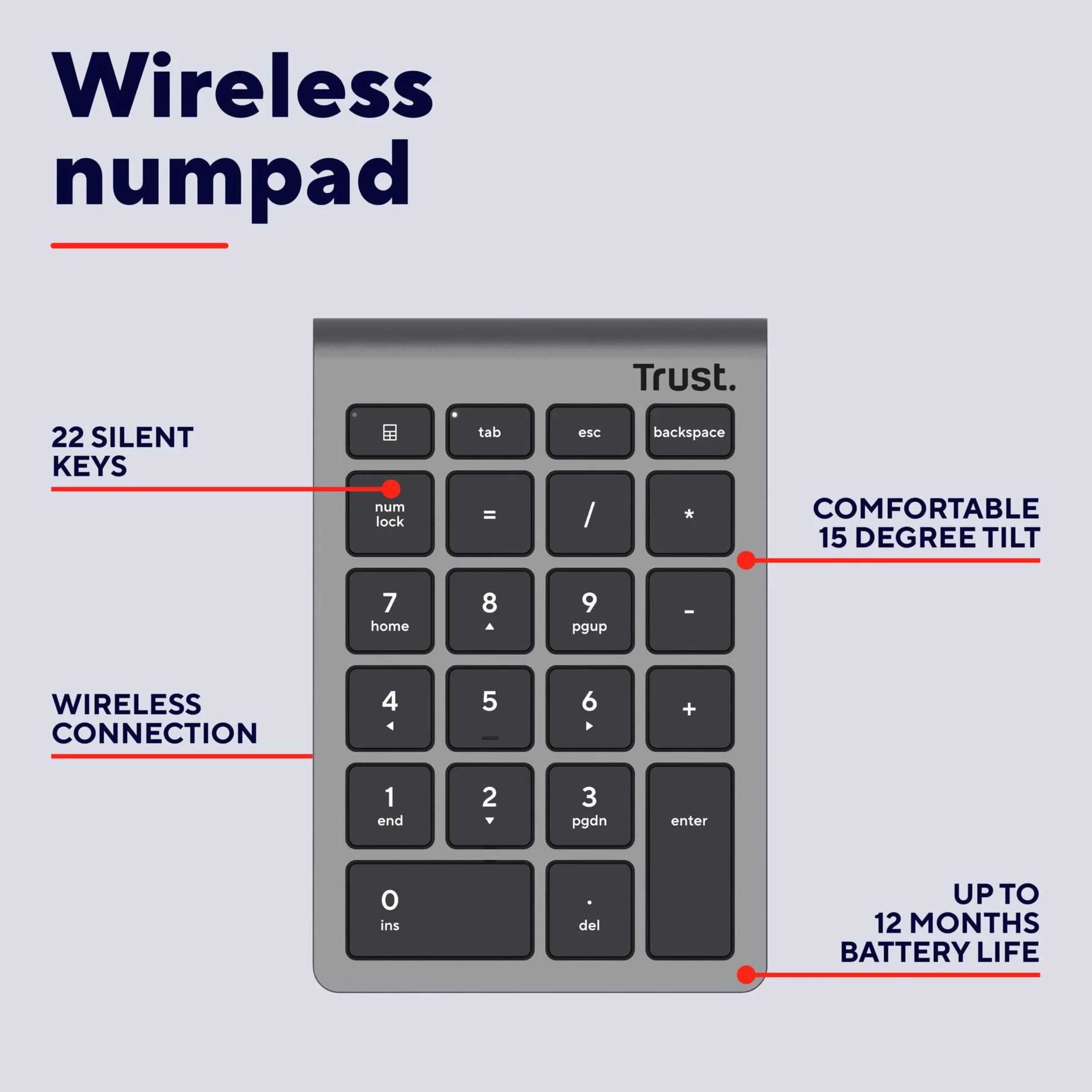 Trust Xalas Numpad bezprzewodowy do laptopa i komputera stacjonarnego, 22 przyciski, mini klawiatura, odbiornik micro USB 2,4 GHz, klawiatura numeryczna, klawiatura numeryczna, srebrna