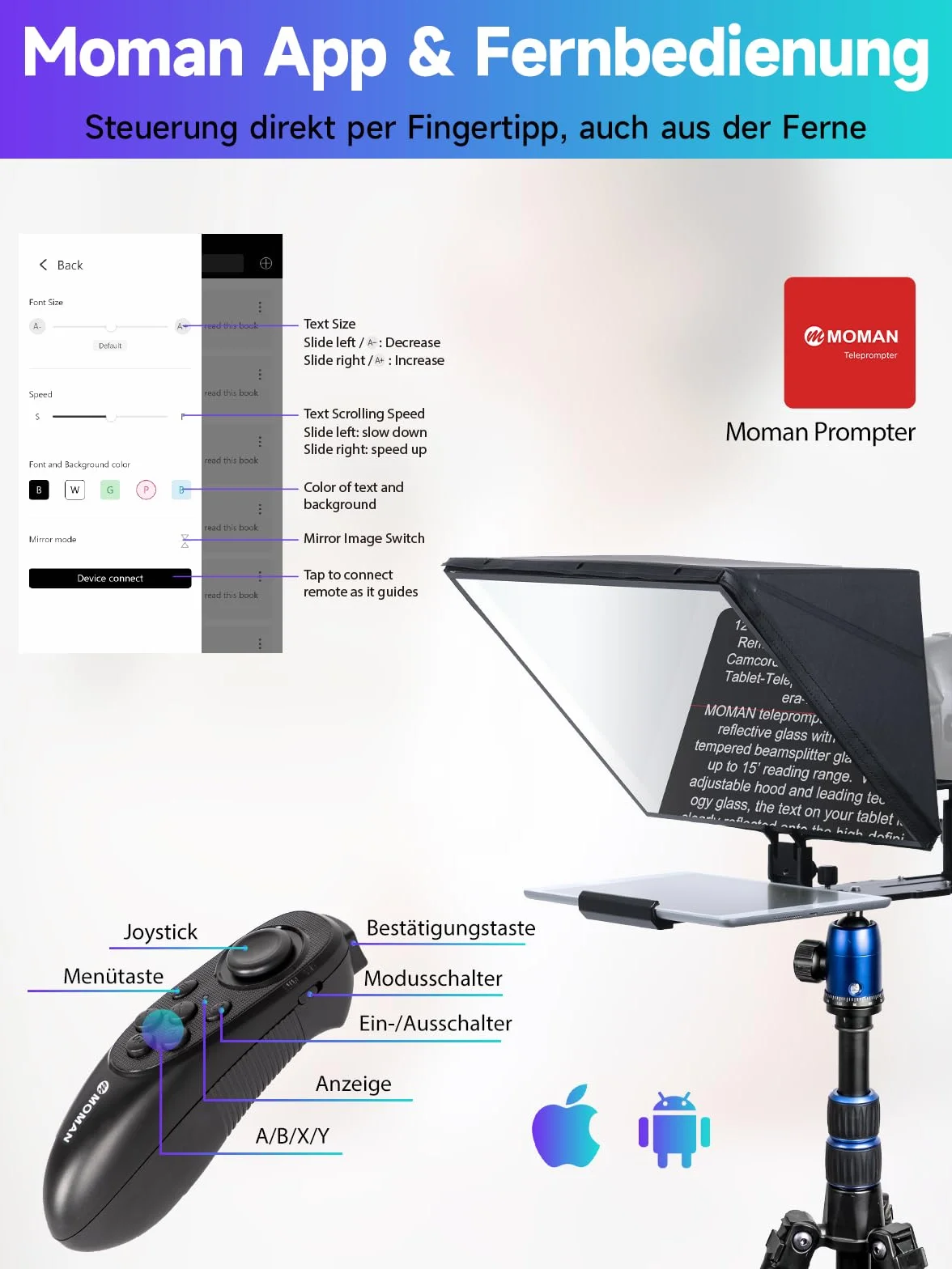 Teleprompter, Moman MT16 Prompter 16 cali, kompatybilny z iPadem / tabletem/smartfonem z aplikacją i zdalnie sterowanym nagrywaniem lustrzanek cyfrowych/kamer wideo, teleprompterów wideo