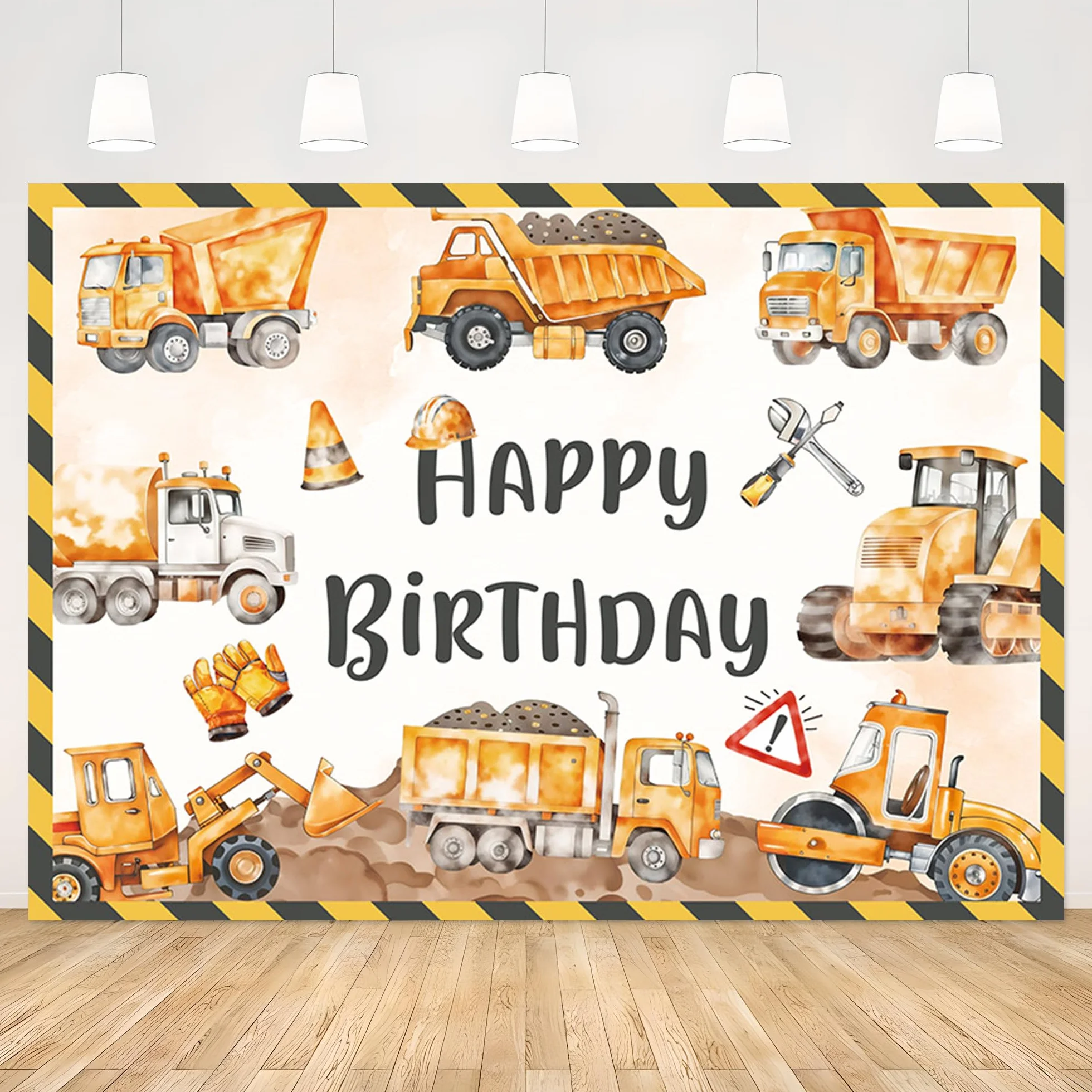 APROPHIC Tło urodzinowe dla dzieci, żółte tło do samochodów ciężarowych, tło fotograficzne Happy Birthday, tła, kreskówka, zabawna impreza, dekoracja, ściana fotograficzna, tło 210 x 150 cm