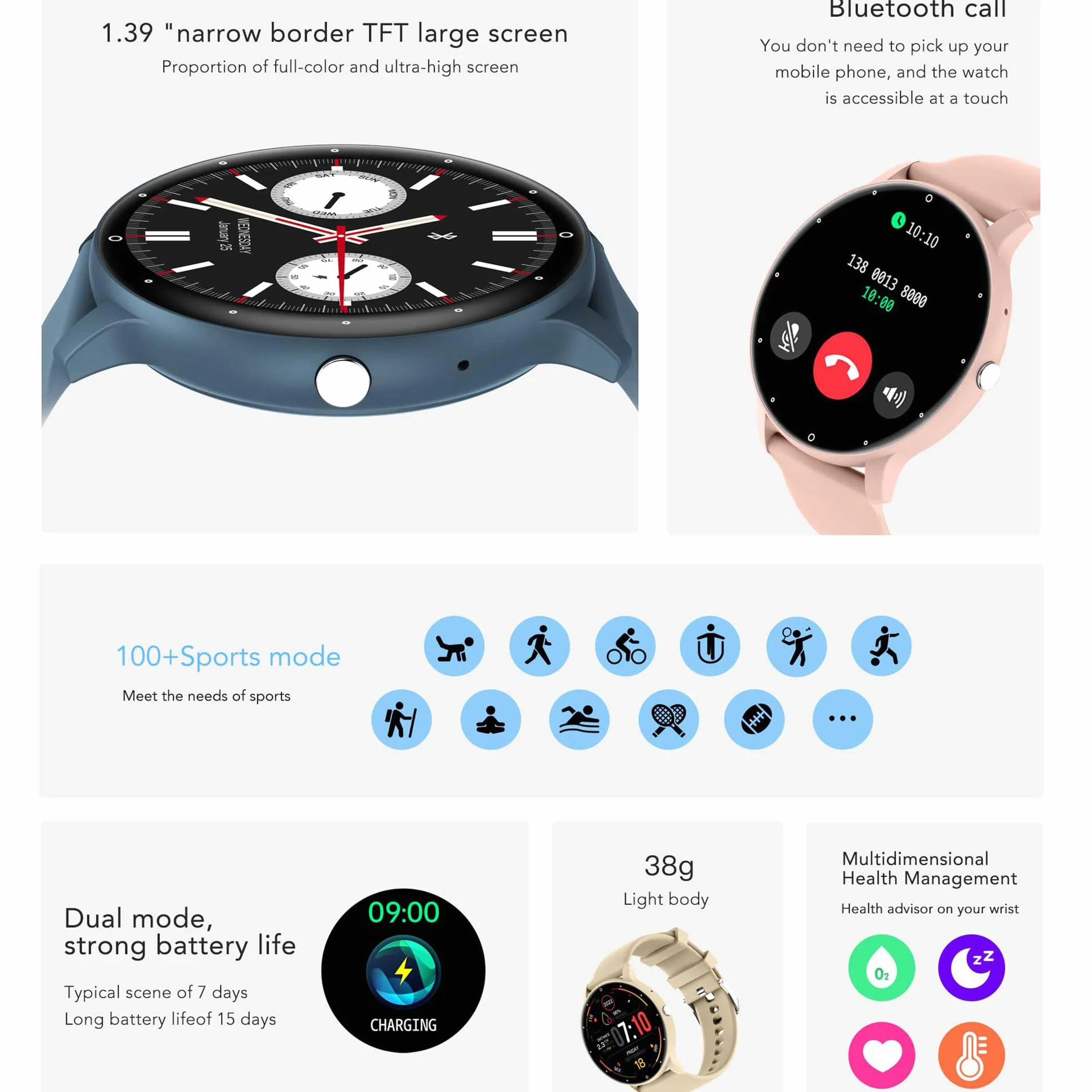 Smartwatche Mężczyźni z Funkcje Telefonu Bluetooth, Sportowy Smartwatch 1,39 Cala ze 123 trybami Sportowymi, Pomiarem Tętna, Odtwarzaczem Muzycznym, Wodoodpornością 5AMT dla Android iOS (Złoto)