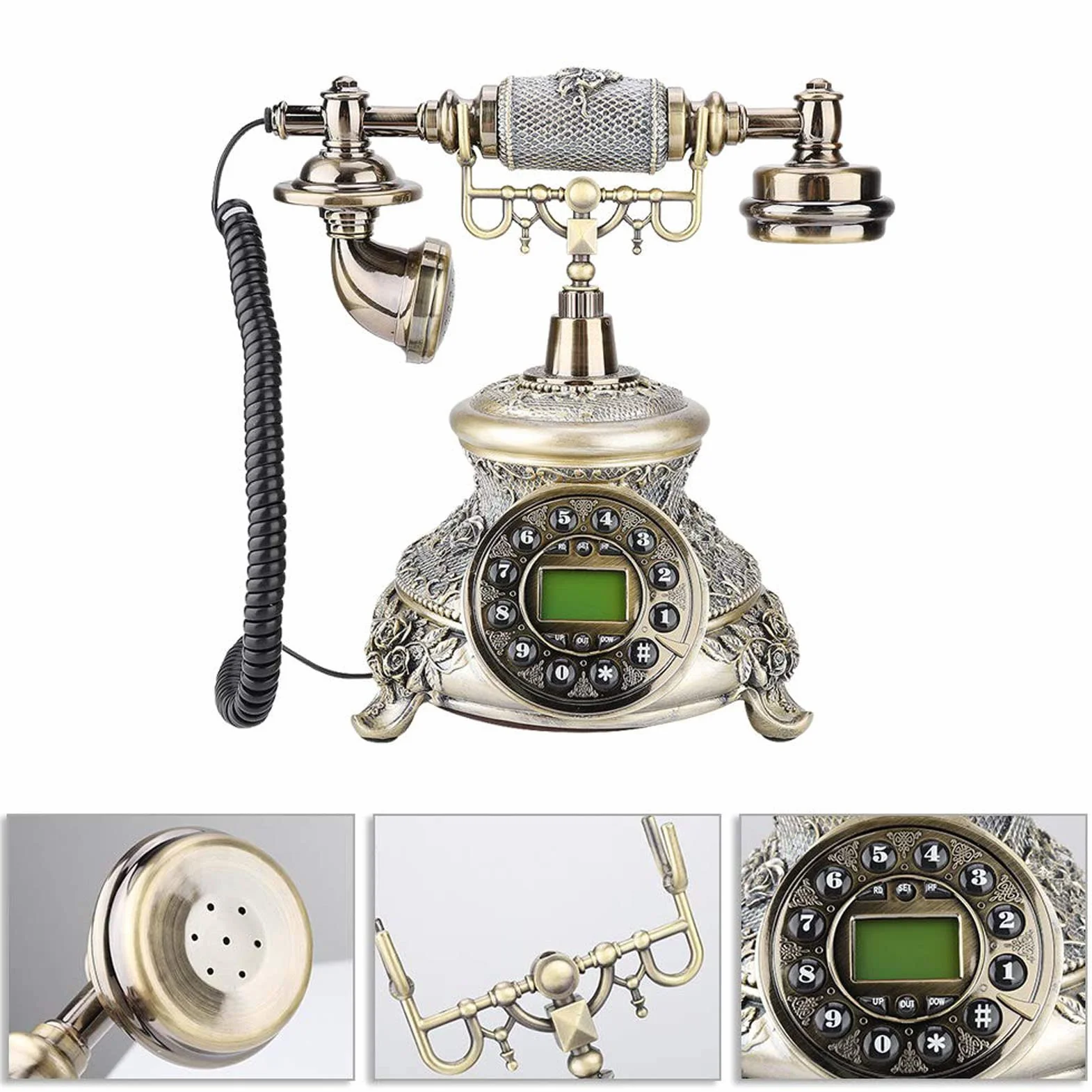 Wysokiej klasy telefon retro vintage, europejskie staromodne antyczne telefony stacjonarne do domu z wyświetlaczem LCD z przyciskiem do domu, biura, hotelu gwiazdkowego
