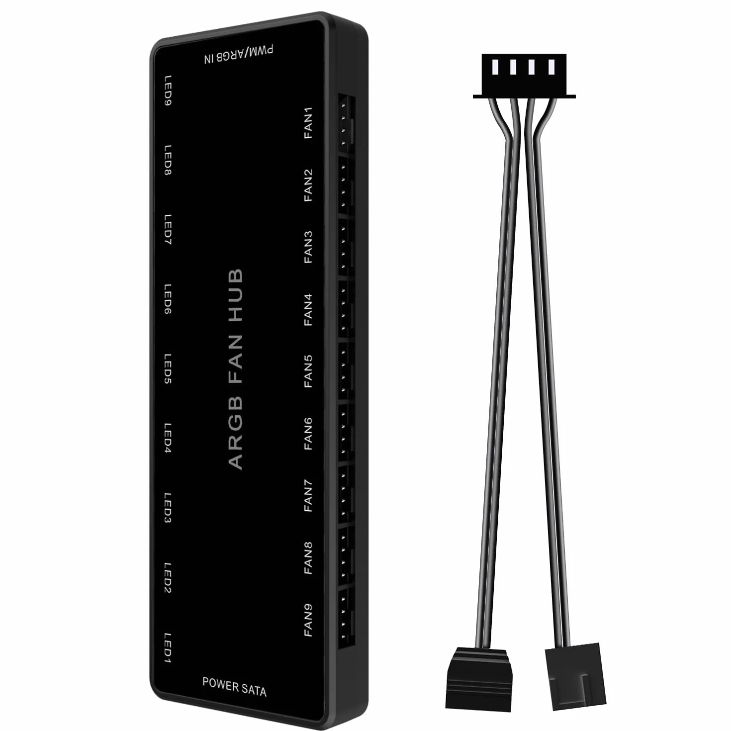 ARGB PWM koncentrator wentylatora, adresowalny 5V-3PIN ARGB 12V 4PIN PWM obudowa 2-w-1 RGB Hub zasilania SATA, 9 portów wentylatora i 9 portów LED, obsługa koncentratora wentylatora PC 9 komputerów