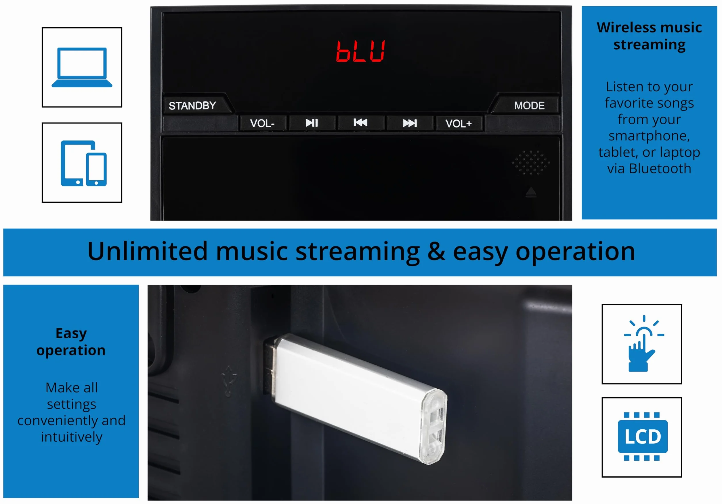 Beatfoxx McGrey MCD-60 pionowa wieża stereo – kompaktowy system HiFi z odtwarzaczem CD/MP3, gniazdem USB, streamingiem Bluetooth i radiem UKW/MW, AUX-In, pilot zdalnego sterowania, 2 x 3 W RMS, kolor
