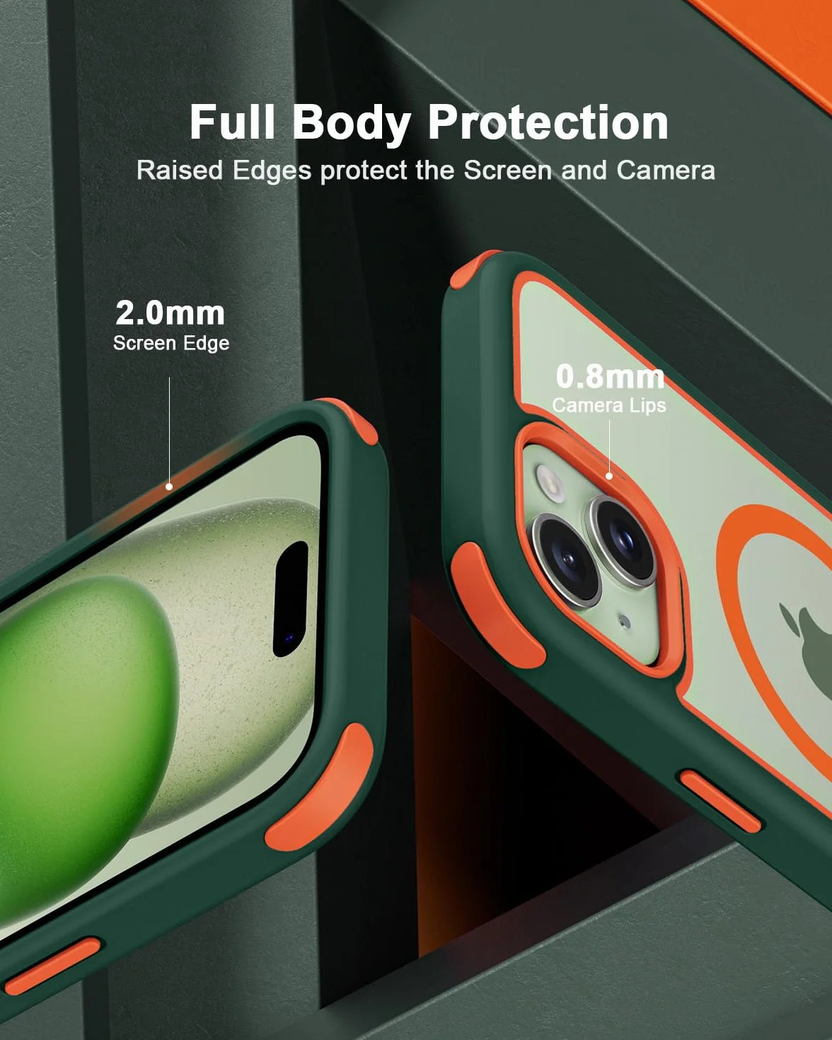 MobNano Magnetyczne etui do iPhone'a 15 [obsługuje bezprzewodowe ładowanie MagSafe], odporne na wstrząsy etui na telefon - Zielony/pomarańczowy