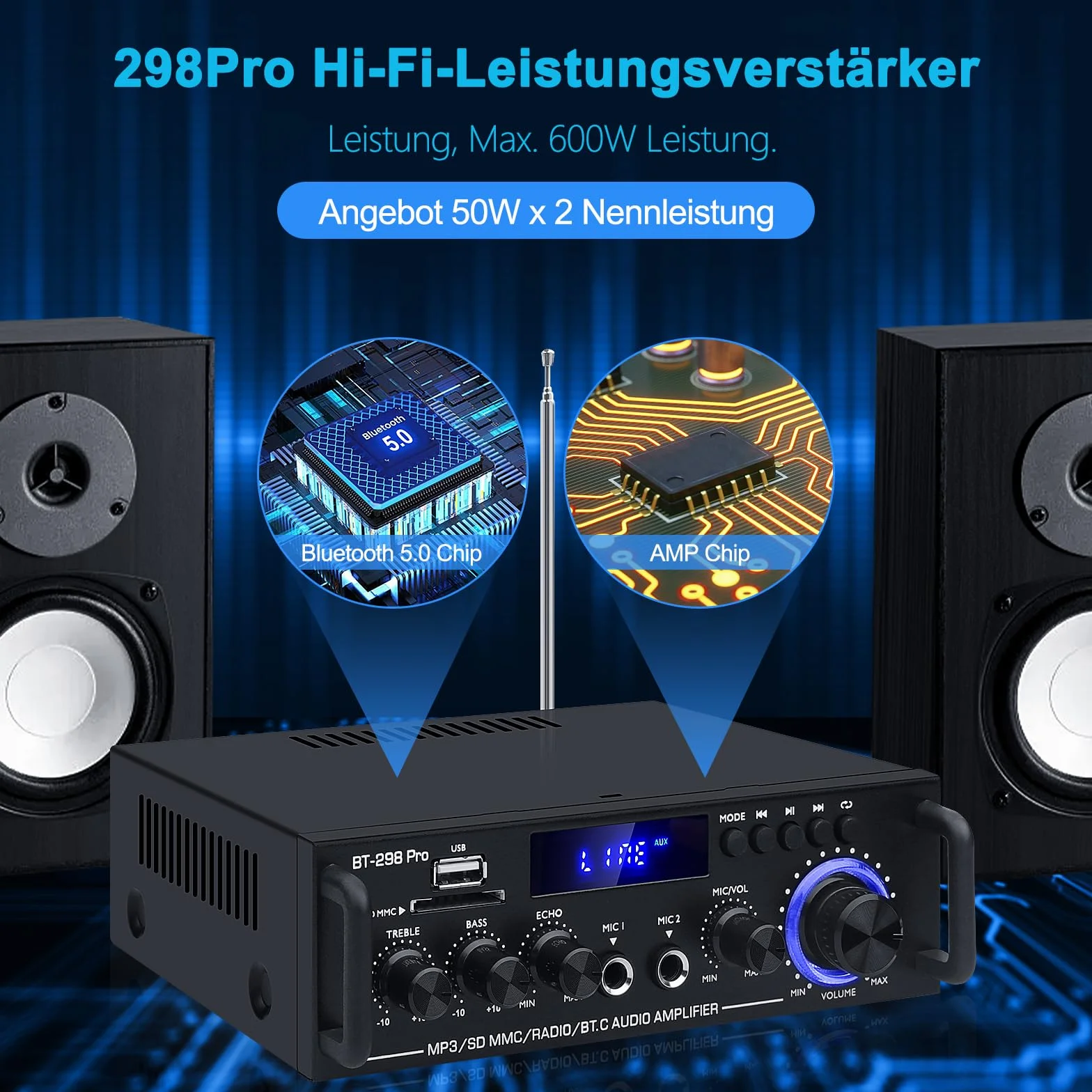 Wzmacniacz audio stereo HiFi, 2.0-kanałowy wzmacniacz głośnika Bluetooth 5.0, BT-298pro 50Wx2 Max 600 W Mini wzmacniacz samochodowy cyfrowy odbiornik mocy HiFi z Echo, MIC, USB, FM
