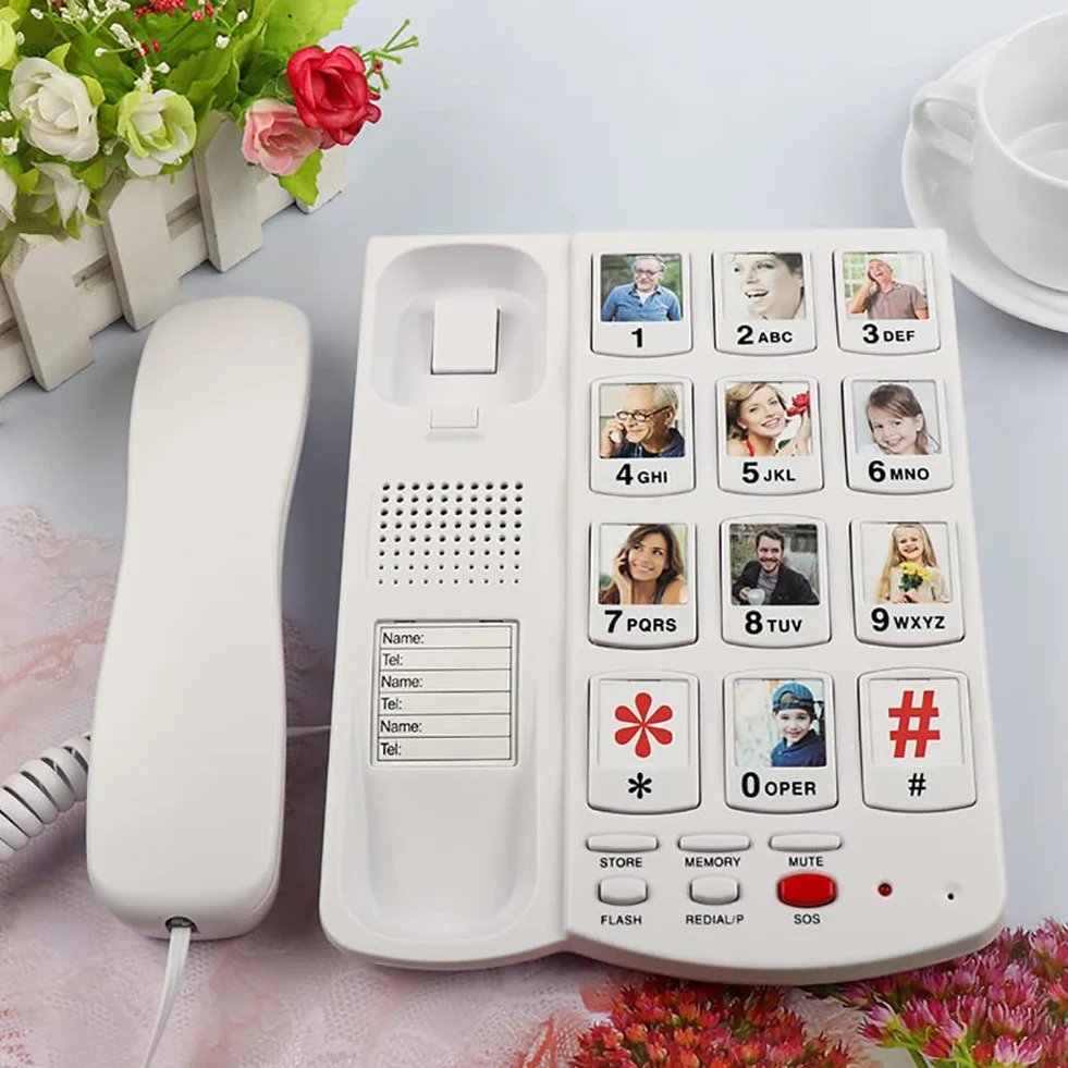 Telefon przewodowy z dużym przyciskiem z regulowaną głośnością dzwonka i głośnikiem głośnomówiącym dla seniorów i niedosłyszących