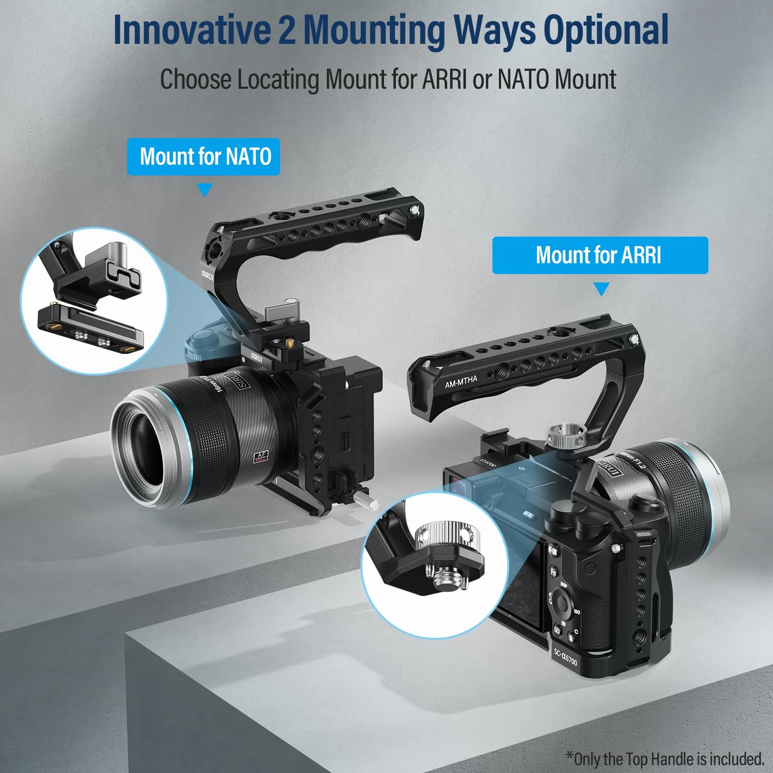 SIRUI 2 w 1 Top Handle do ARRI lub NATO Mount, w pełni aluminiowy uchwyt klatki na kamerę z Cold Shoe z trzpieniem zabezpieczającym, kilka otworów gwintowanych, AM-MTHA