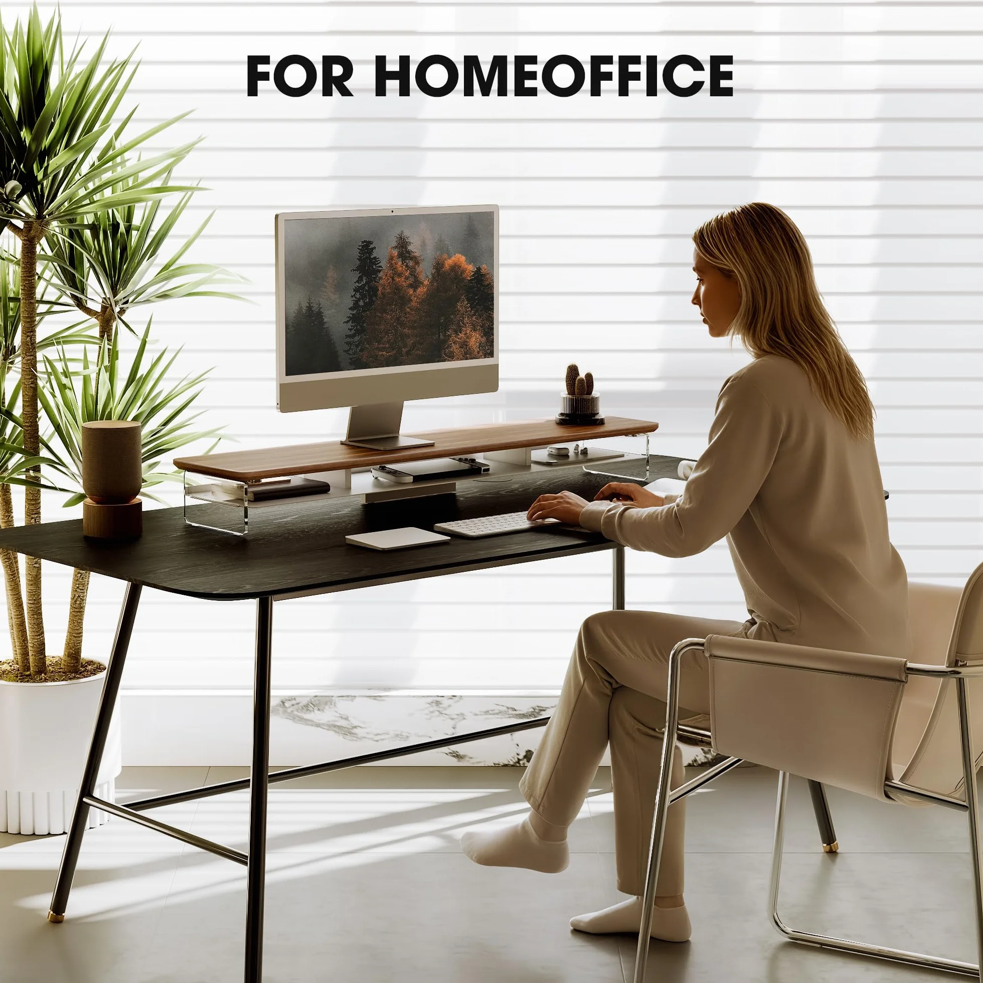 Fenge Akrylowy stojak na monitor Riser 108 cm, duży podwójny stojak na monitor z metalowym regałem, akcesoria biurkowe do laptopa/komputera/drukarki/ekranu TV, nośność 45 kg, brązowy