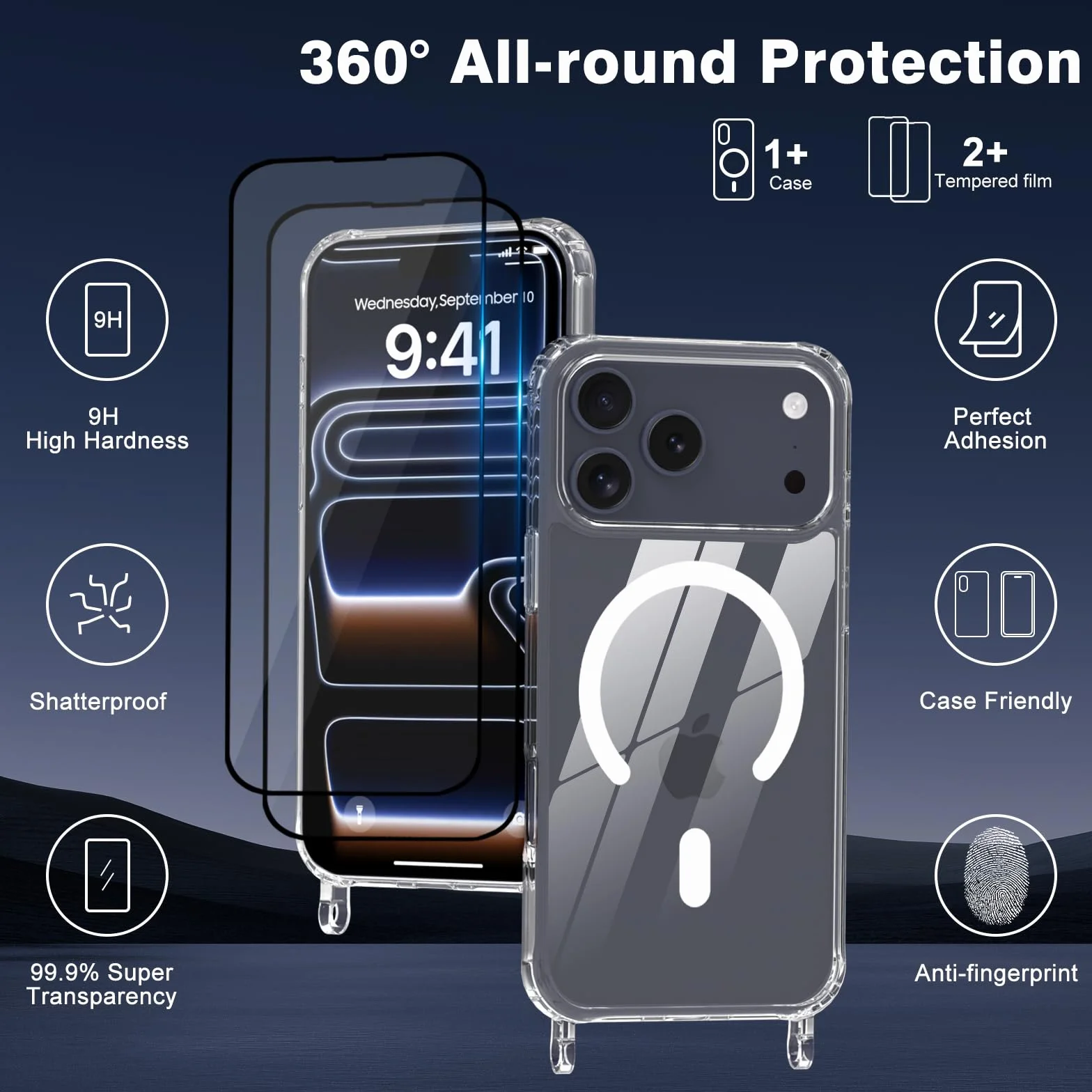 Nupcknn Etui na iPhone 17 Pro Magnetische z Paskiem, 2 Ochraniacze Ekranu, 2 Ochraniacze obiektywu aparatu, przezroczysty magnetyczny wisiorek, odpinany i regulowany pasek, ochrona przed wstrząsami.