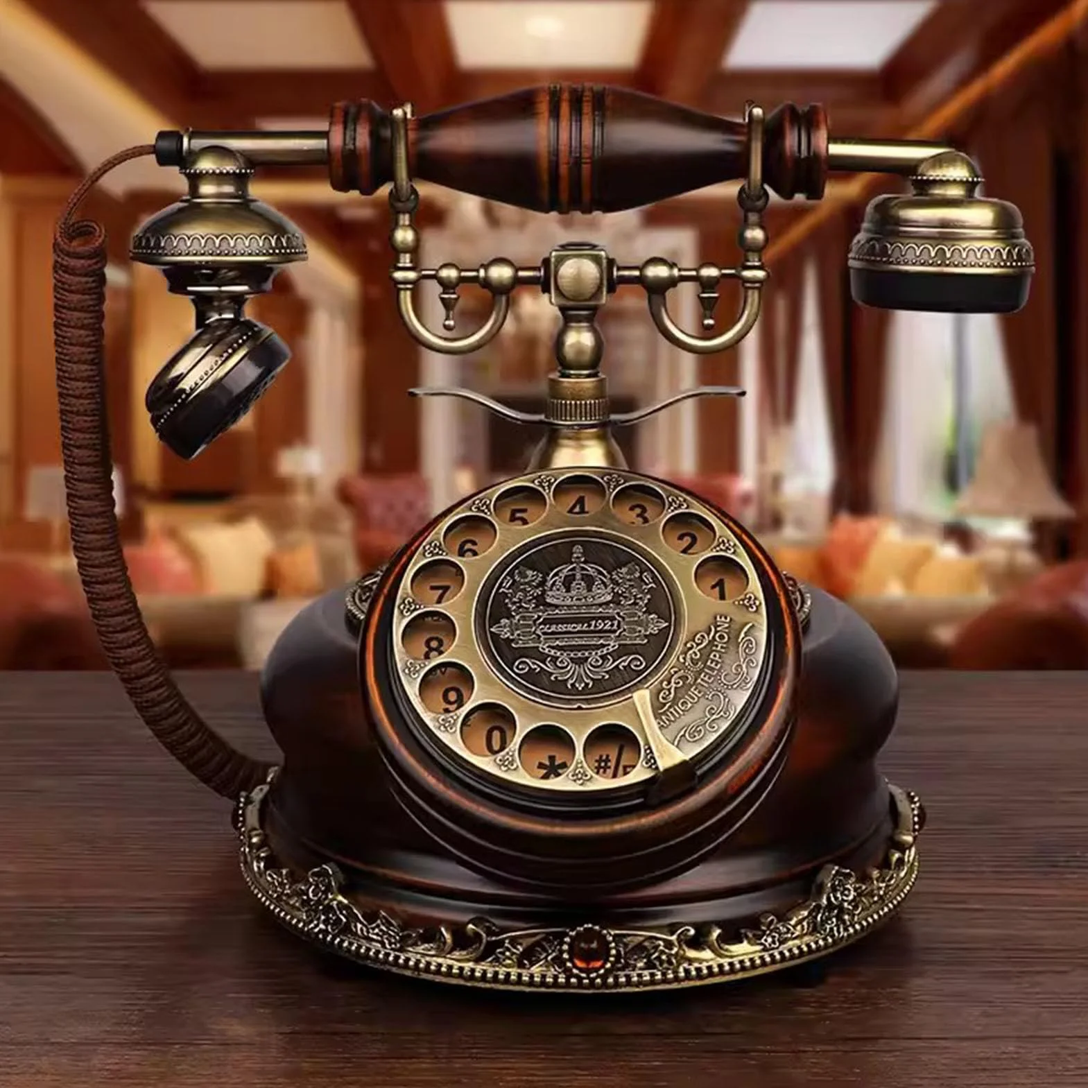 Telefon stacjonarny Retro obrotowy telefon przewodowy telefon przewodowy na biurko z 1921 roku w starym stylu z funkcją ponownego wybierania numeru do biura i wystroju domu