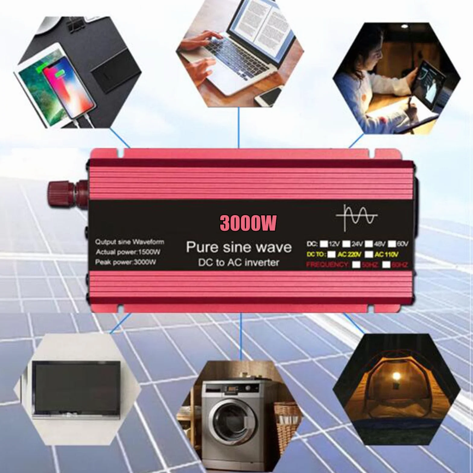 Przetwornica napięcia o mocy 3000 W z czystą falą sinusoidalną 12 V/24 V/48 V/60 V DC na 110 V/120 V do użytku w domu, samochodzie kempingowym i systemach solarnych