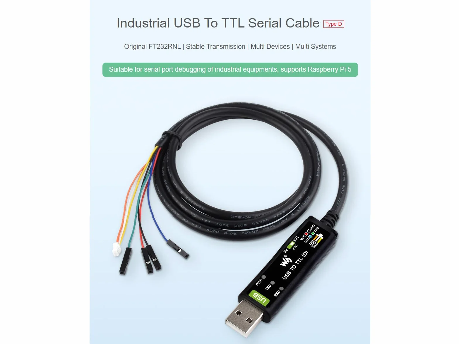 Waveshare Industrial USB to TTL Serial Converter Adapter Cable USB to TTL (D) adapter 3,3 V 5 V Onboard FT232RNL Chip Suitable for Raspberry Pi 5 Serial Port Debugging
