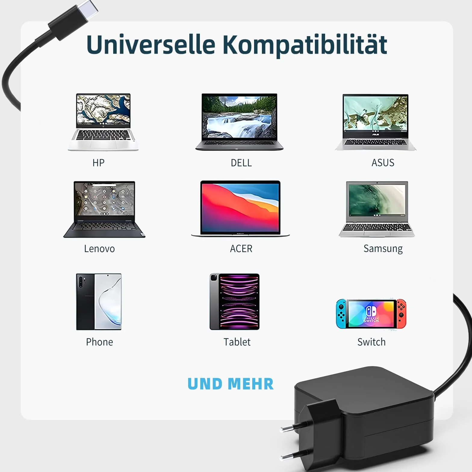 Kabel do ładowania laptopa 65 W USB C do Thinkpad X1 Yoga, Asus Chromebook, Huawei Matebook, MacBook Pro/Air, HP Spectre, Xiaomi Air Google Samsung Acer 20V 3,25A adapter ładujący