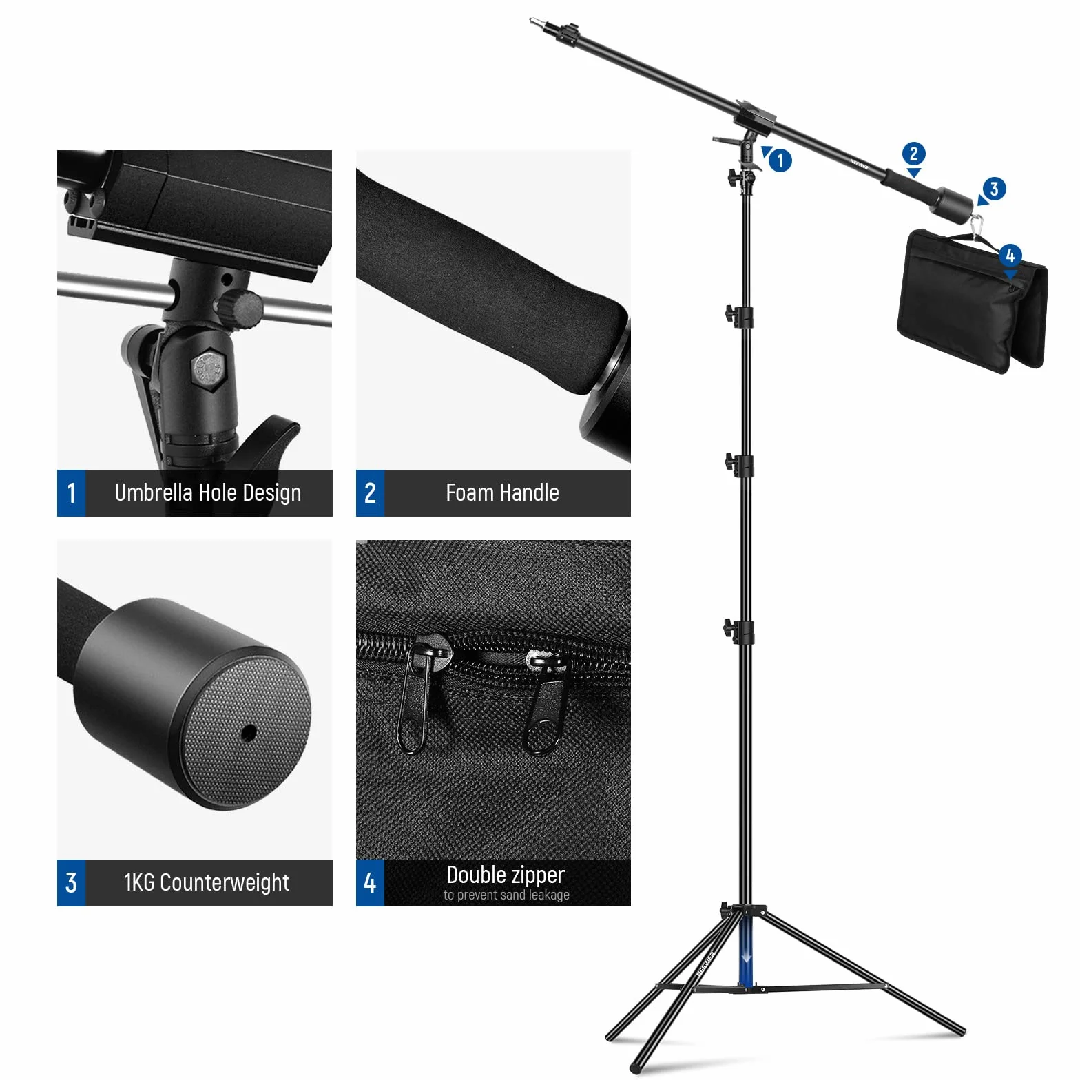 NEEWER Aluminiowy stojak oświetleniowy z amortyzacją powietrzną, regulowany stojak fotograficzny z ramieniem wysięgnika, przeciwwagą, workiem z piaskiem, śruba 1/10.2 cm do softboxa, lampy błyskowej,