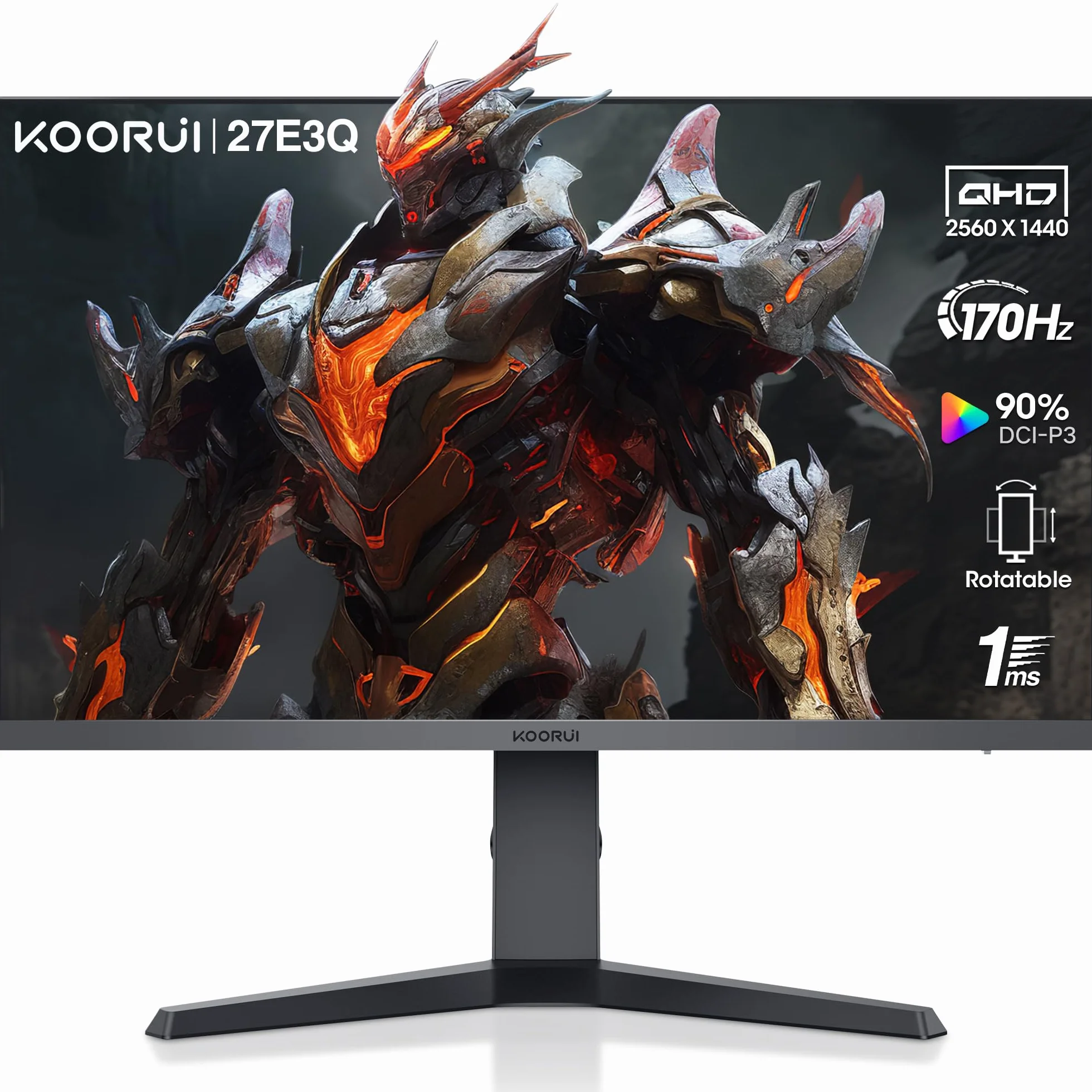 KOORUI Monitor gamingowy 27", ekran 2K, QHD (2560 x 1440), 170 Hz PC monitory FreeSync &G-Sync kompatybilny z (IPS, 1ms, 100% sRGB, Eye Care, 2 x HDMI, DisplayPort, DCI-P3 90%, VESA 75 x 75