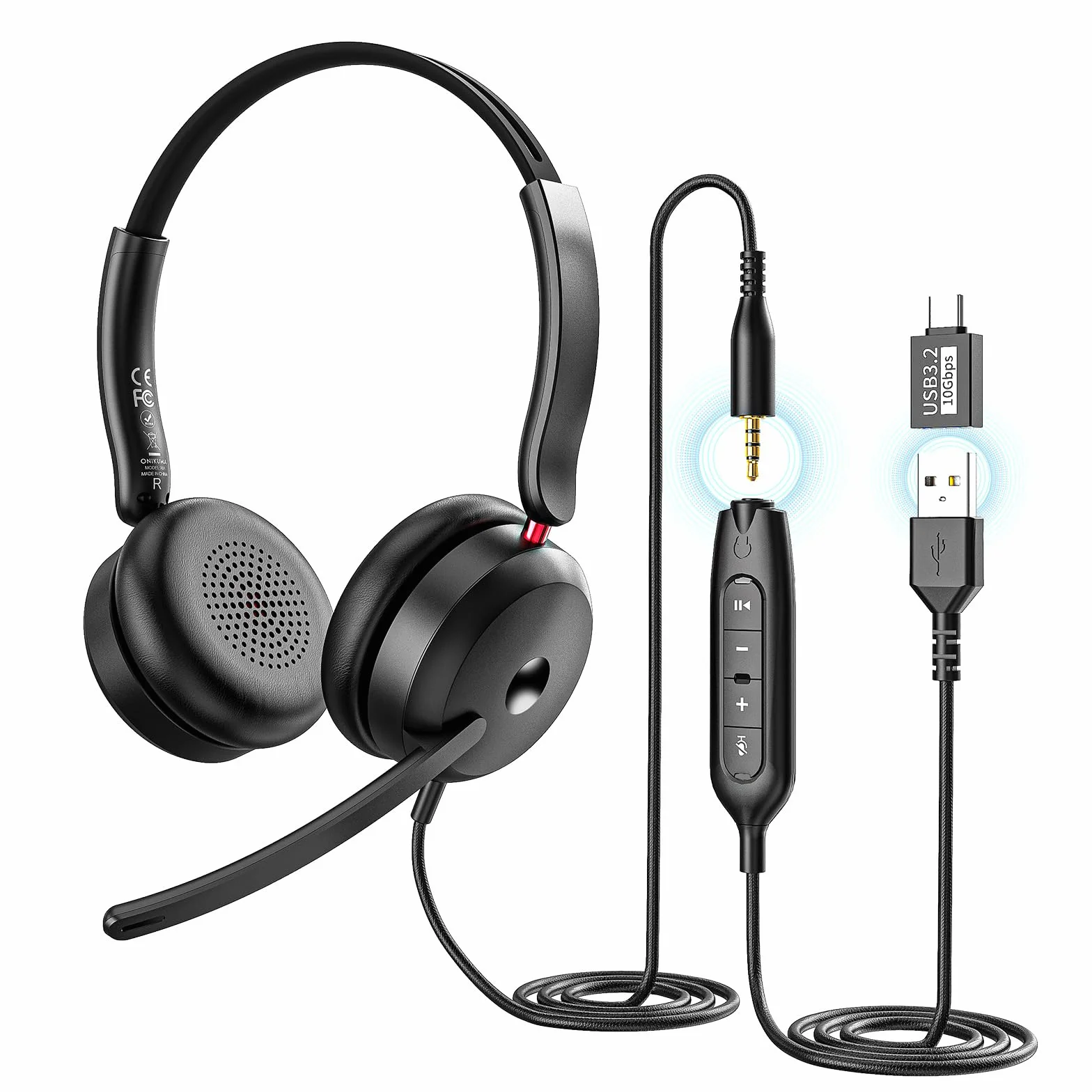 Przewodowy zestaw słuchawkowy USB-C/USB-A/3,5 mm z mikrofonem z redukcją szumów, słuchawki biurowe do PC/laptopa, sterowanie liniowe i komfort przez cały dzień do call center, wideokonferencji, pracy