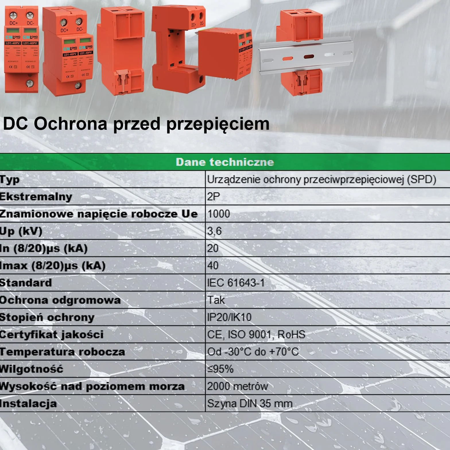 CNLonQ 2 Sztuki Solar Fotowoltaiczne urządzenie ochrony przeciwprzepięciowej Ogranicznik przepięć DC1000V 2P T2 20kA/40kA, montaż na szynie DIN 35mm