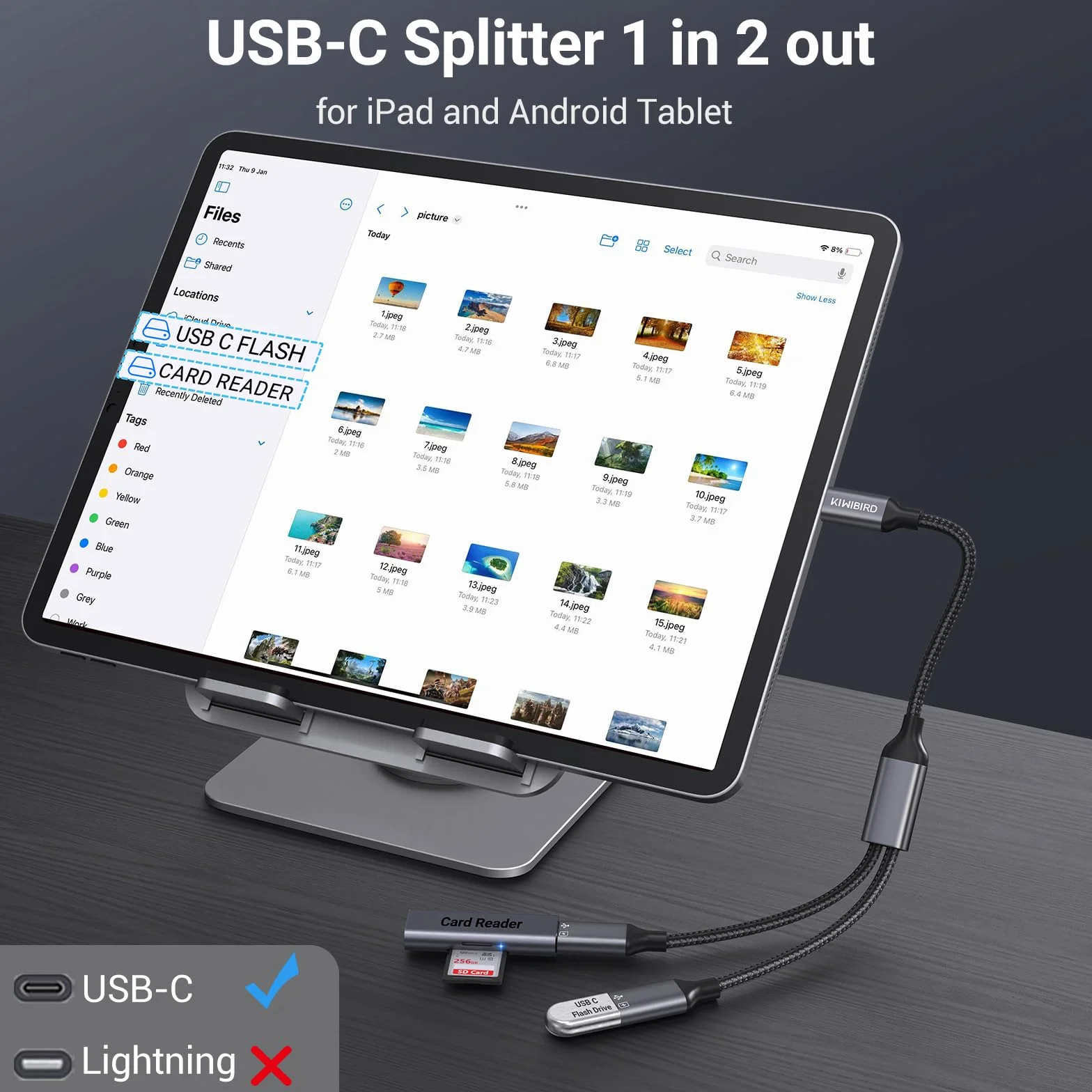 KiWiBiRD Rozdzielacz USB C, 1 męski Typu C do 2 żeńskich adapterów USB C ładowania i przedłużający danych kompatybilny z laptopem Mac PS5 pamiec przenosna klawiatury myszki drukarki