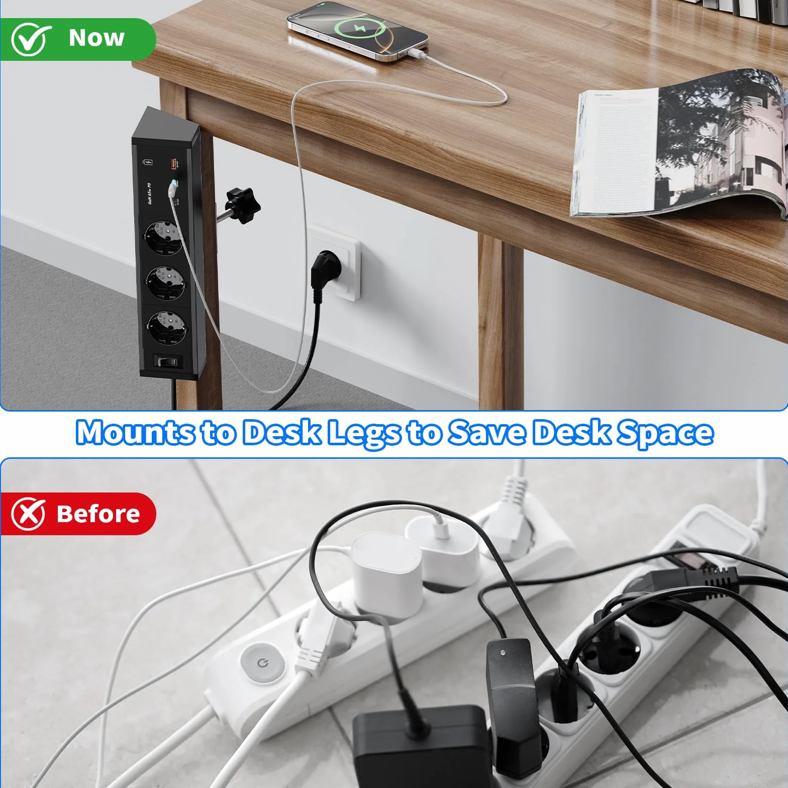 Gniazdo wtykowe stołowe z USB-C PD 65 W GaN, 3-krotna listwa zasilająca na biurko, listwa zasilająca do zaciskania z aluminiową obudową, do biura i domowego biura, 25 W USB-A, kabel 3 m, czarne