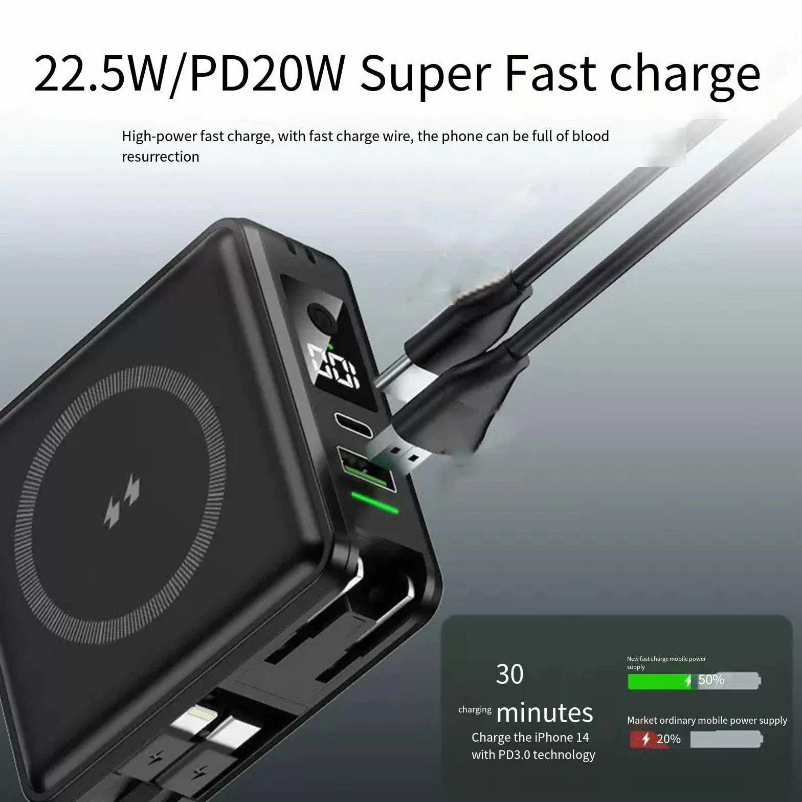 Ładowarka bezprzewodowa magnetyczna 15 W z podwójnym przewodem Pd22,5 W, szybki powerbank o dużej pojemności, przenośny zasilacz, czarny