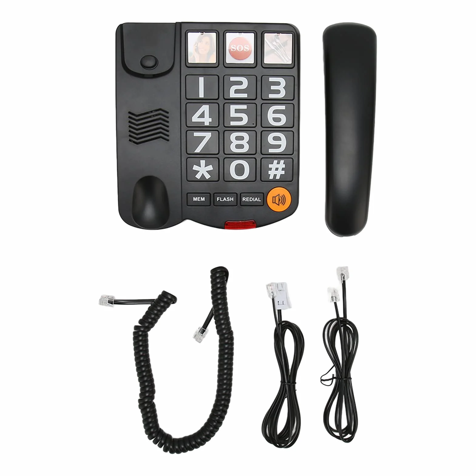 Telefon przewodowy z dużym przyciskiem, wielofunkcyjny telefon stacjonarny z głośnikiem, obsługą SOS, pamięcią telefonu i szybkim wybieraniem, dla seniorów (czarny)