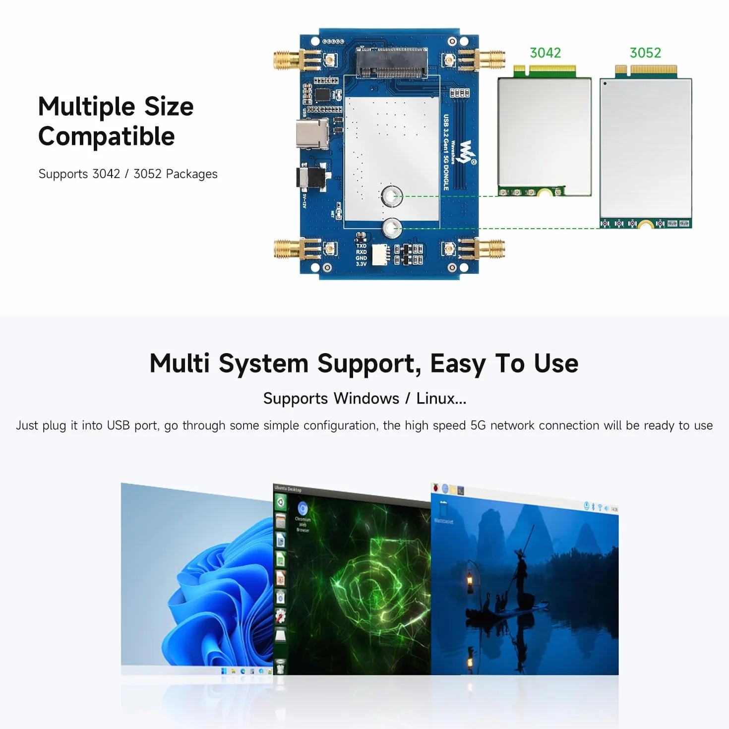 Waveshare 5G DONGLE Expansion Board ONLY, USB 3.2 Port, Aluminum Alloy Case, Quad Antennas, Onboard M.2 Key B Interface, Does NOT Include 5G Module