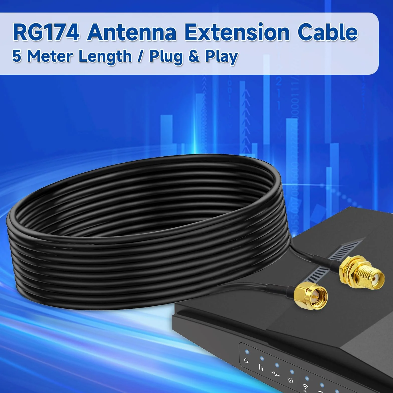 Bingfu Kabel przedłużający anteny SMA męski na SMA żeński do montażu grodziowego RG174, 5 m, kompatybilny z bramką routera 4G LTE, modemem, odbiornikiem Dongle SDR