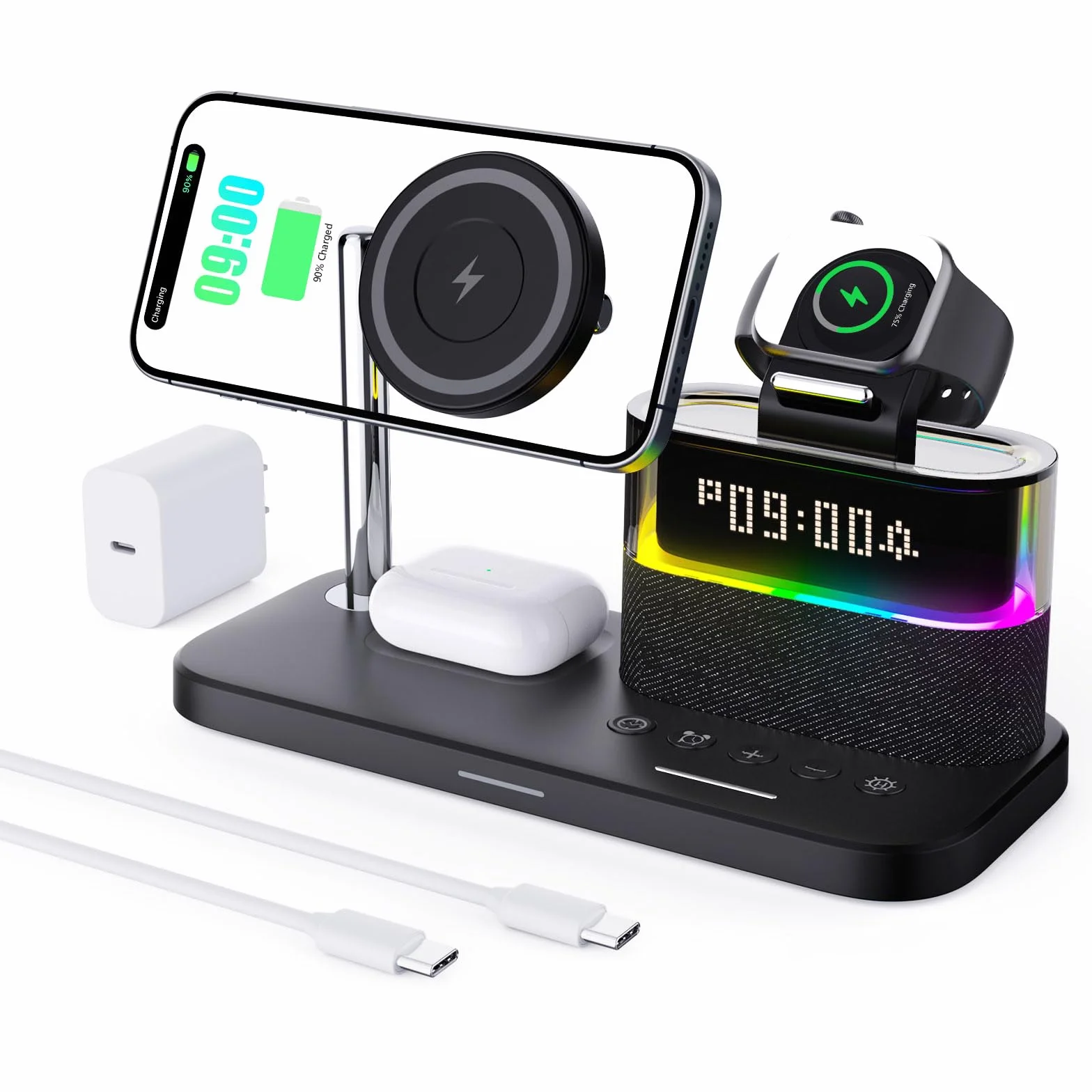 Bezprzewodowa Ładowarka 5-w-1 z Budzikiem i Lampką Nocną – Stacja Ładująca do iPhone 17 16 15 14 13 12 Pro Max, Apple Watch i Słuchawek (AirPods) Czarny