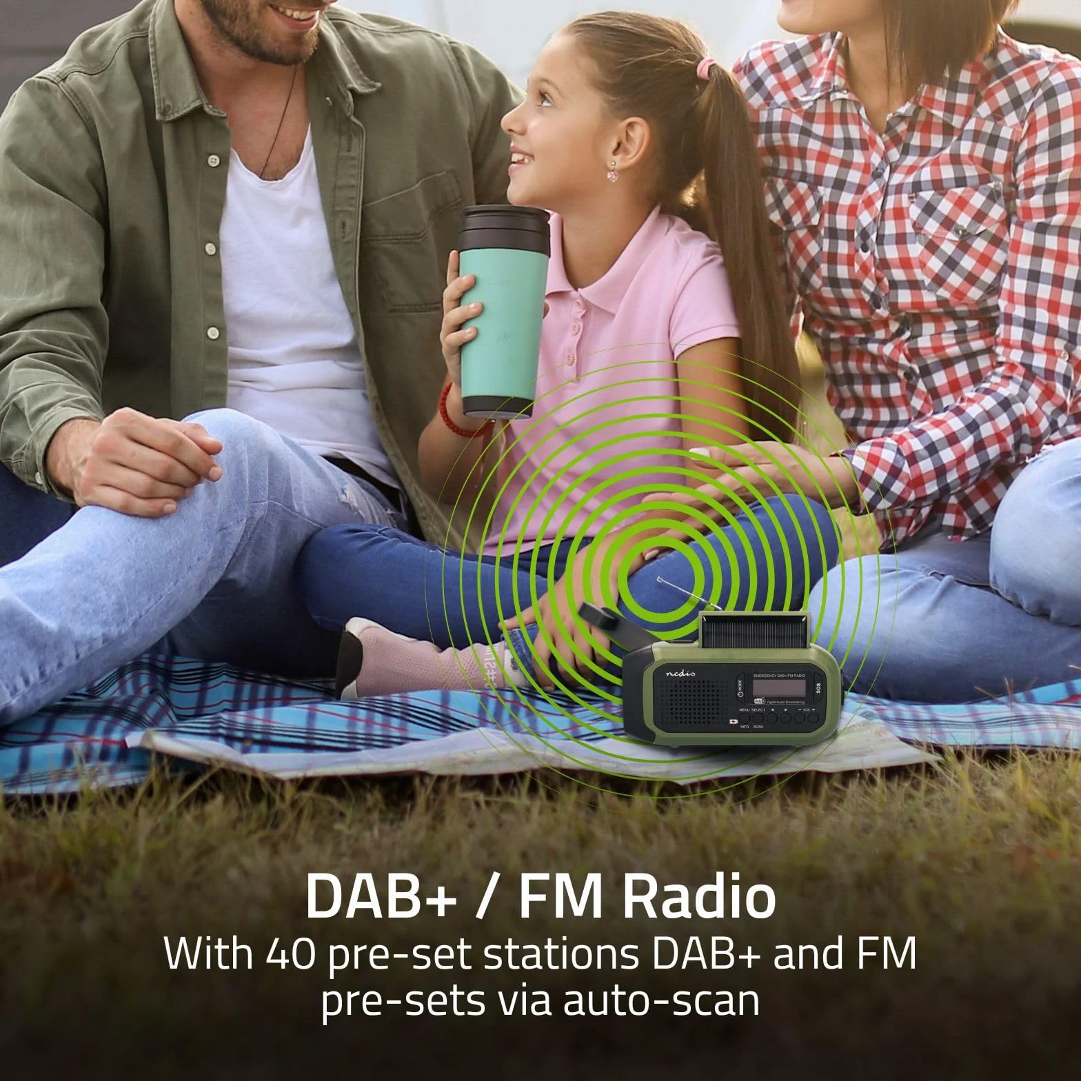 Radio awaryjne – wersja przenośna – DAB+/FM – zasilanie bateryjne/korba ręczna/zasilanie energią słoneczną/zasilanie przez USB – budzik – zielony/czarny
