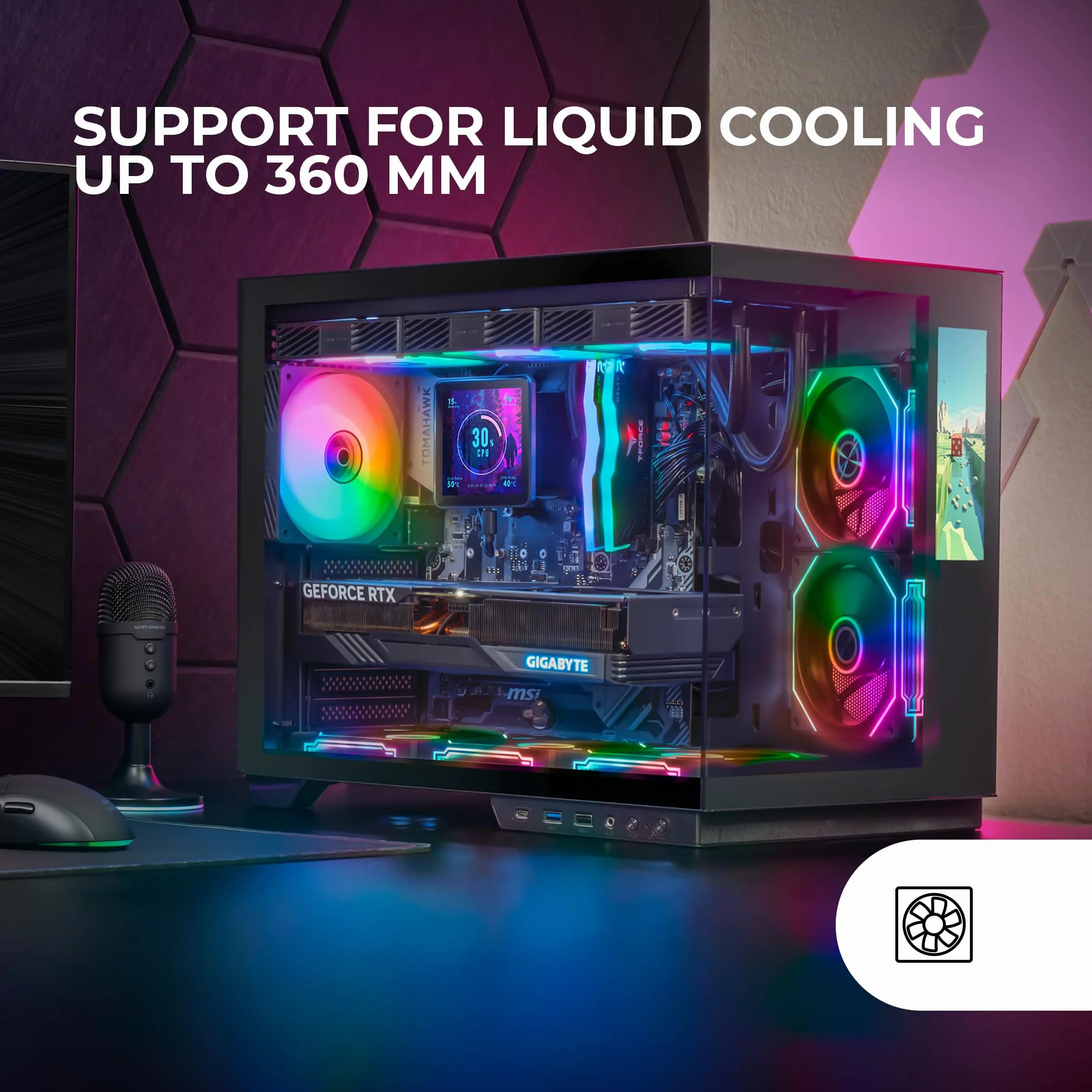 Mars Gaming MC-MIRAGE, Obudowa Gamingowa ATX, Ekran LCD IPS 7,2” Personalizowany, Ciągły Szkło Hartowane Przedni i Boczny Panel, Struktura Podwójnej Komory, Wsparcie Chłodzenia Cieczą 360mm, Czarny
