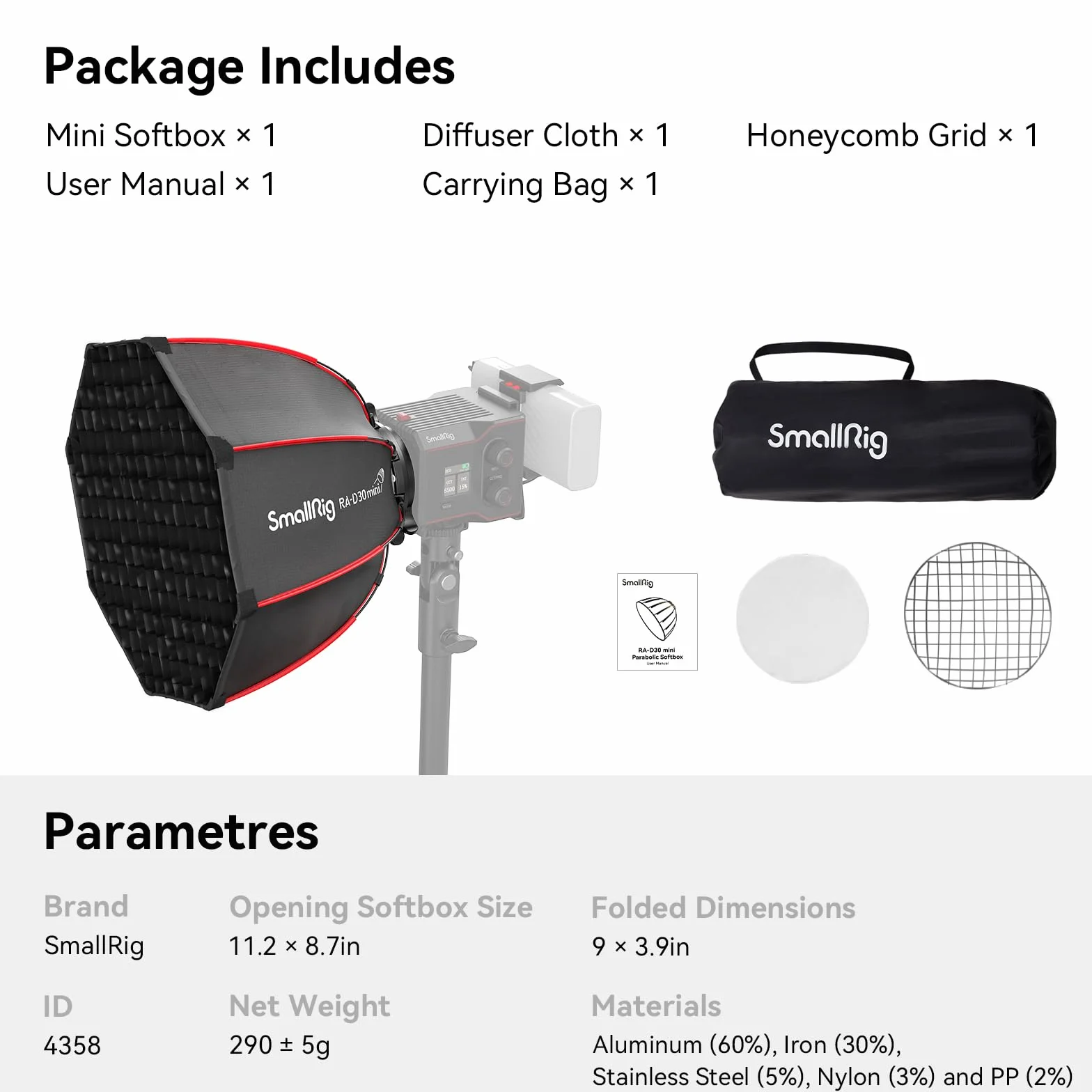 SMALLRIG mini Paraboliczny Softbox Parabolic Softbox RA-D30 29cm Szybkozłączka, Kompatybilny z Lampą Wideo LED SmallRig RC 60B COB - 4358