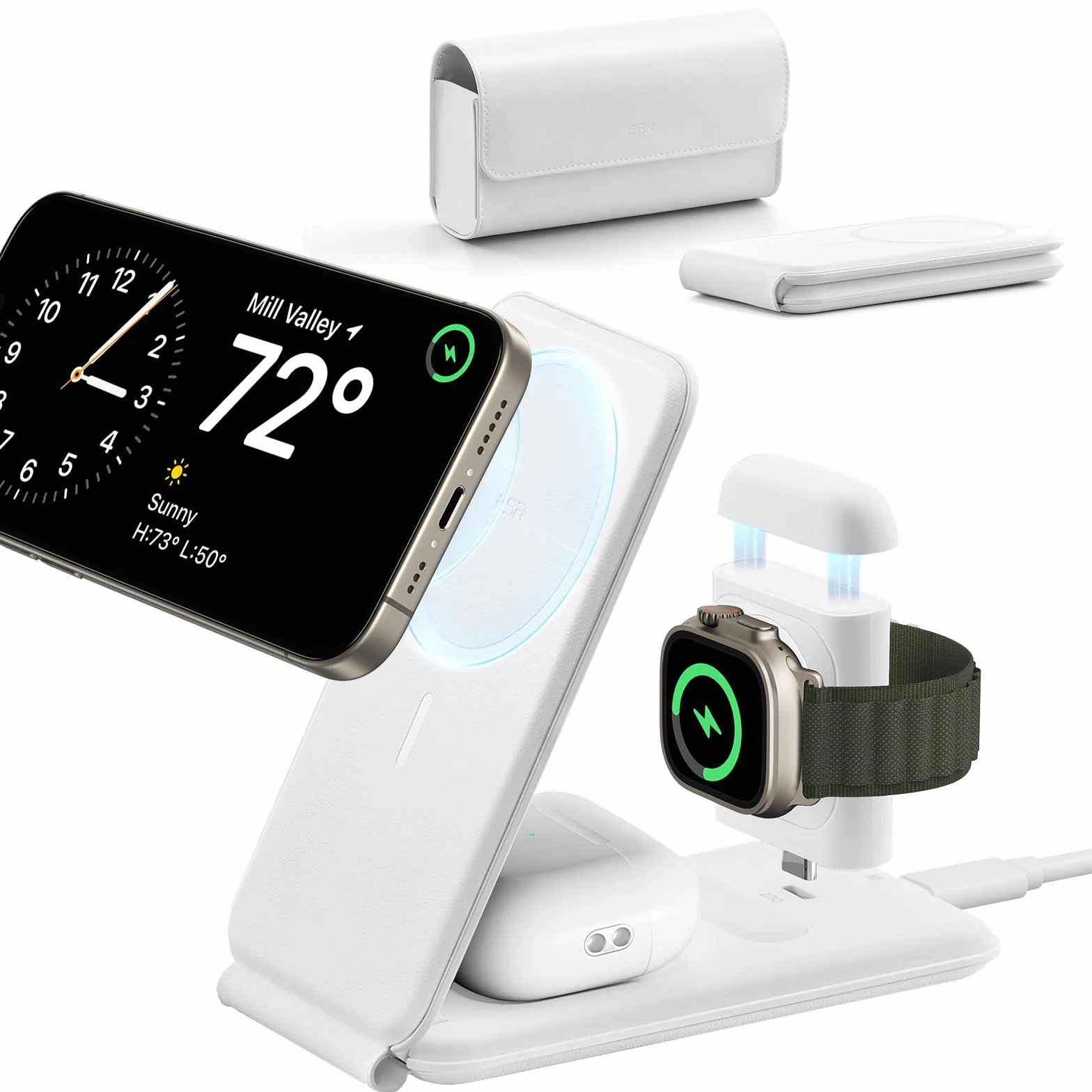 ESR Przenośna stacja ładująca 3 w 1, Apple Watch i iPhone, iPhone z certyfikatem Apple Watch, ładowarka Magsafe do iPhone 15/14/13/12, Apple Watch 9/8/7/SE, AirPods Pro/3/2