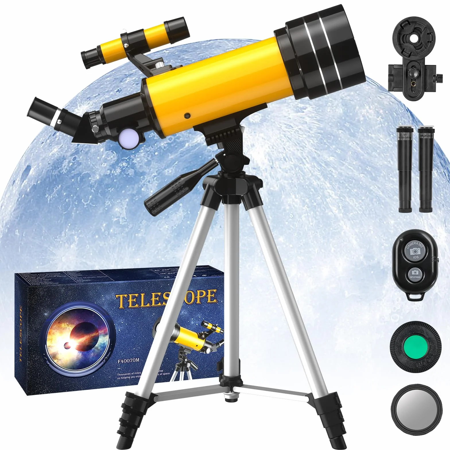 Teleskop 70 mm, przysłona 400 mm (20X-200X), refraktor FMC, wysoka transmisja, statyw, adapter telefonu, pilot zdalnego sterowania, prezent astronomiczny dla początkujących
