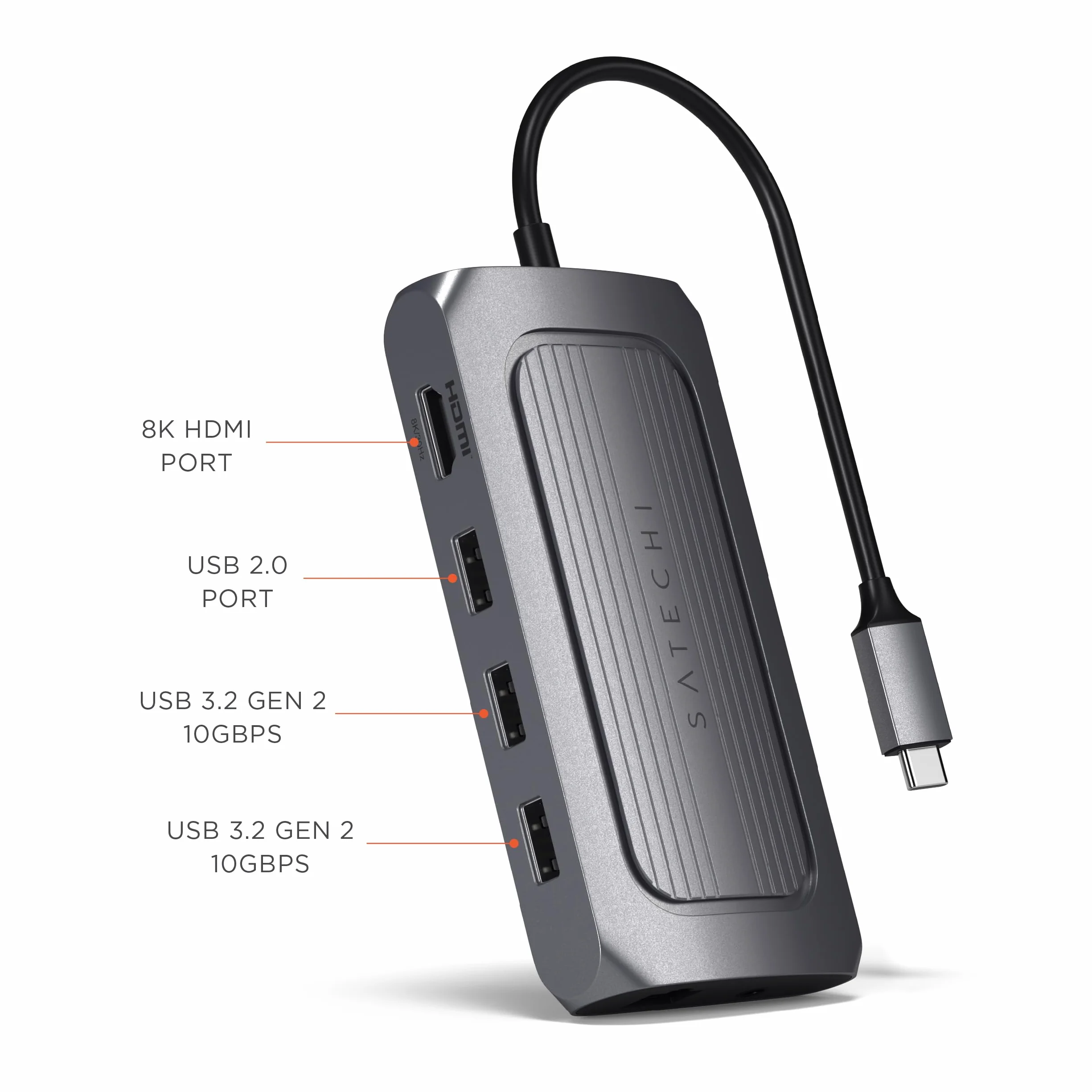 SATECHI hub wieloportowy USB-C 9 w 1, HDMI 8K, PD 100 W, szary | Gigabit Ethernet, audio 3,5 mm, czytniki SD/microSD UHS-I, do MacBooka, iPada i komputerów z Windows