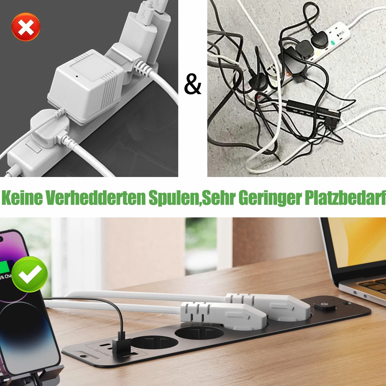 Listwa zasilająca z 4 gniazdami wtykowymi do zabudowy, z 4 gniazdami USB, gniazdko stołowe z 2 USB C, blat stołu, wpuszczane gniazdko elektryczne, kabel 3 m, kolor czarny