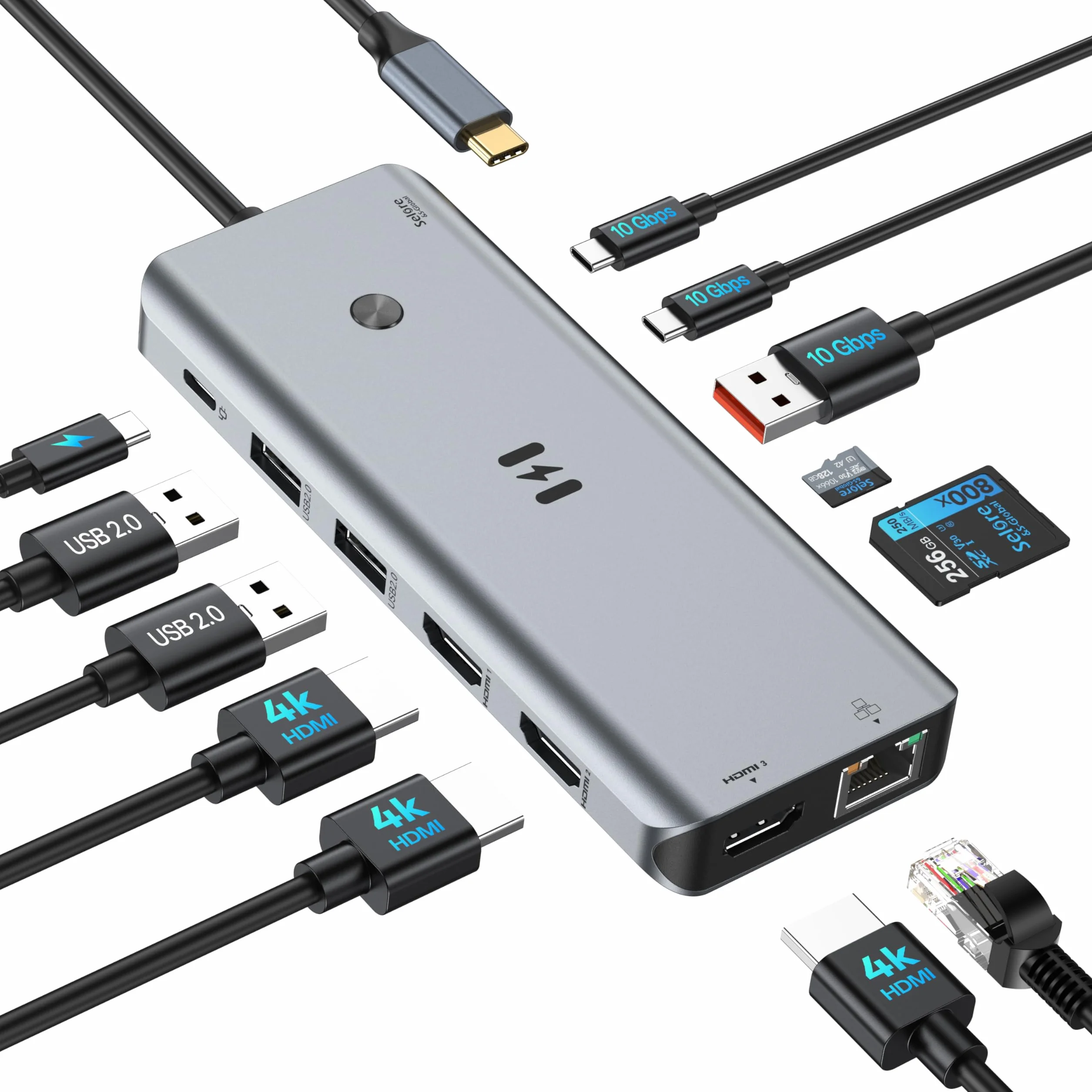 Stacja dokująca USB C 3 HDMI, Selore stacja dokująca 13 w 1, 3 monitory z potrójnym HDMI, 10 Gb/s, USB A/C 3.1, ładowanie PD 100 W, Gigabit Ethernet, czytnik kart SD/microSD do laptopów Dell/HP/Lenovo