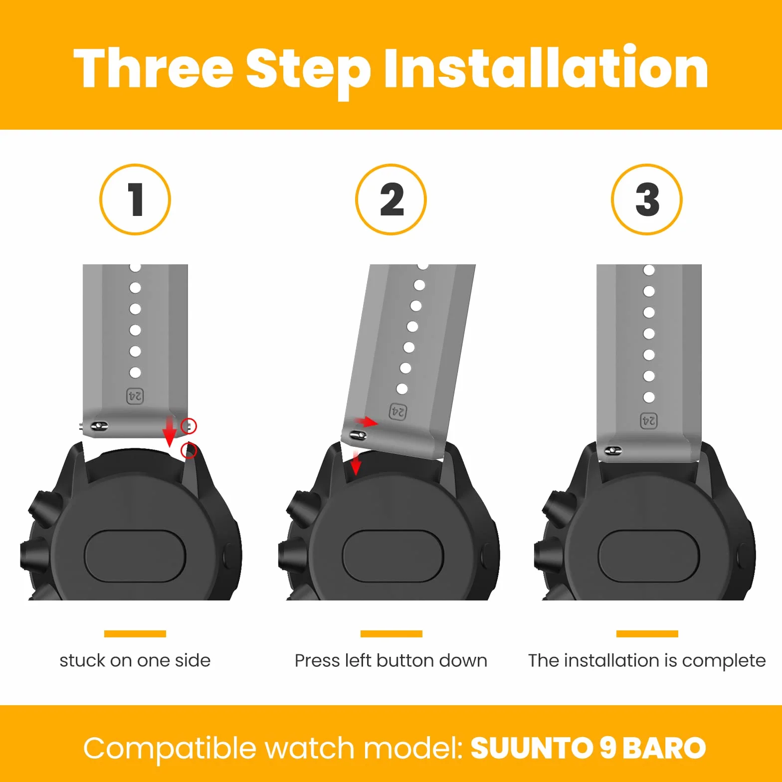Bransoletka 24 mm, kompatybilna z Suunto 9 / Suunto 9 Baro, silikonowa, sportowa bransoletka zamienna do Suunto 7 / Suunto D5 / Spartan Sport Wrist HR z metalowym zatrzaskiem i pierścieniem