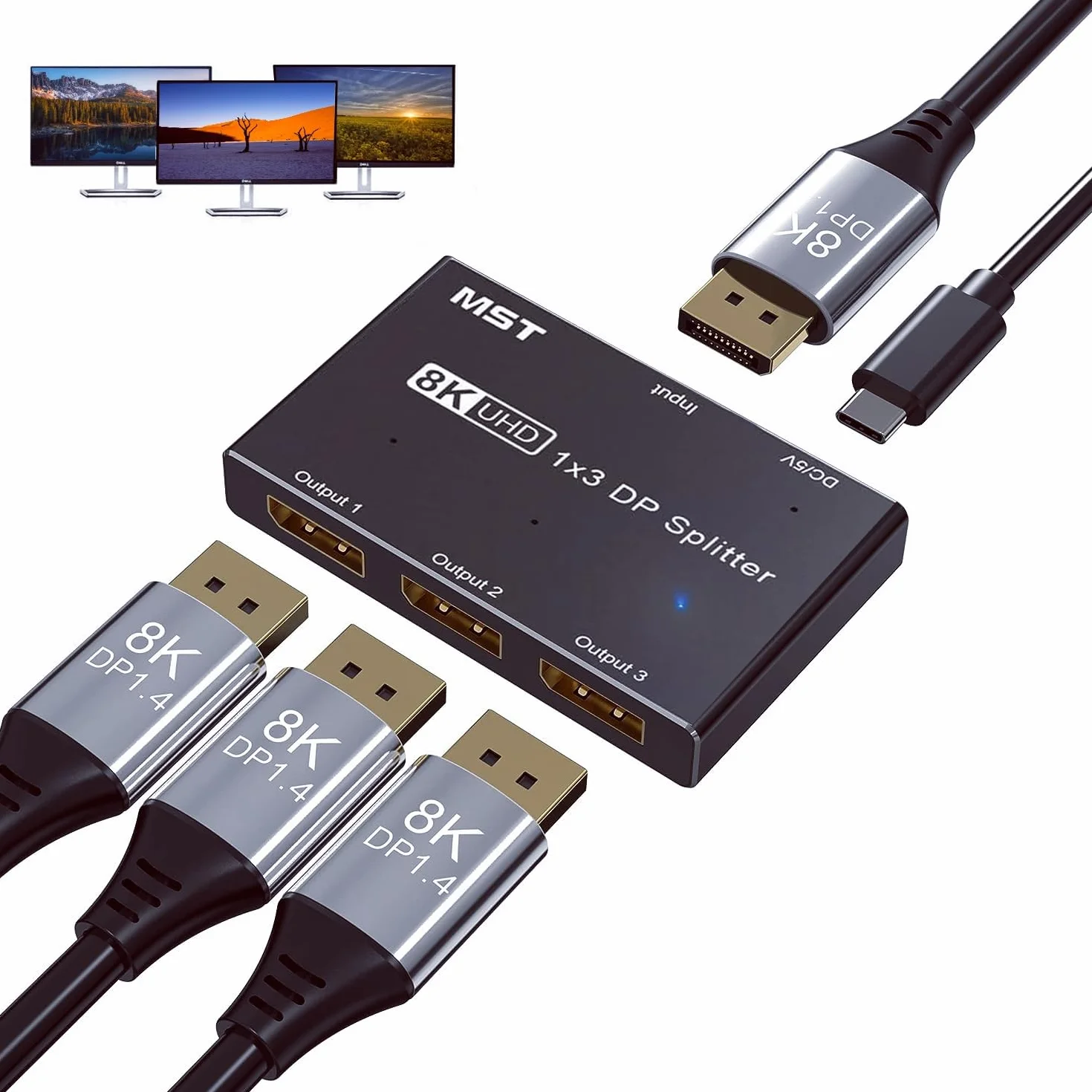 Przełącznik rozdzielacza Displayport DP 1.4 8K przy 30 Hz 4K przy 144 Hz, 1 wejście i 3 wyjścia Przełącznik Displayport, kompatybilny z wieloma źródłami wideo i interfejsami monitora