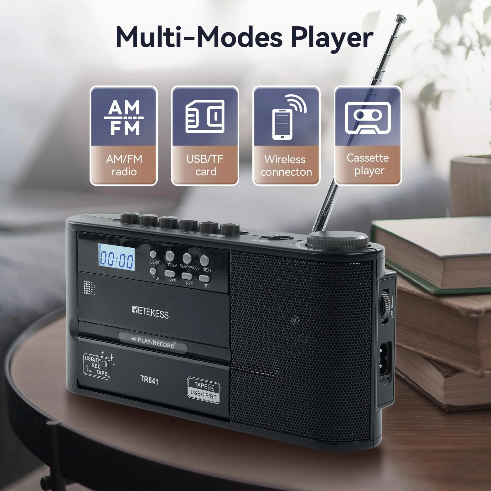 Retekess TR641 Przenośne Radio,Taśmowe Odtwarzacz,FM AM,Karta USB/TF,Połączenie Bezprzewodowe,Operacja Baterii lub Zasilanie Prądu Przemiennego,Używane do Odtwarzania Starej Taśmy