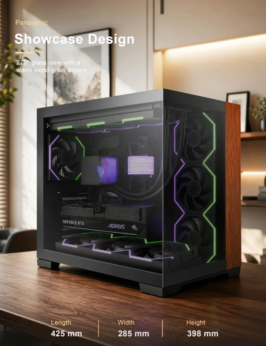 AsiaHorse Scutum Ultra ATX obudowa PC, Panorama Mid Tower z 6 wentylatorami Nyota Pro Reverse ARGB i koncentratorem Umbra, Back-Connect ATX, drewniany akcent, grzejnik 360 mm, typ C 20 Gbps, czarna
