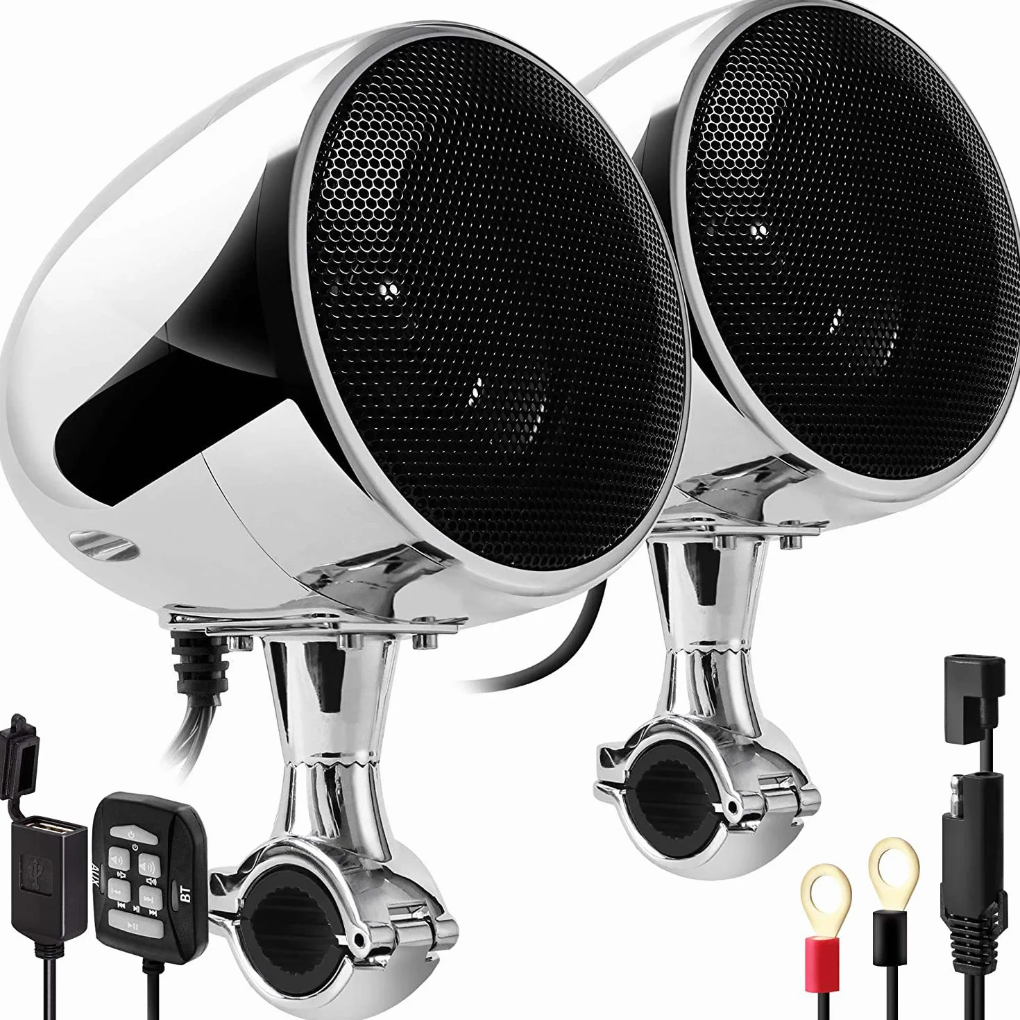 SPK350X 4” Full Range Wodoszczelny motocyklowy głośnik stereo z Bluetooth, z wzmacniaczem i systemem radiowym, do pojazdu typu ATV, RZR, UTV, quada, 4-kołowca (chromowany, kratka)