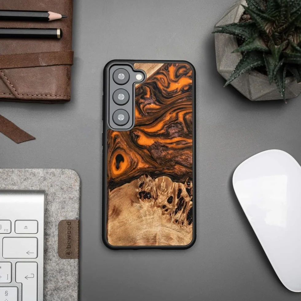 Unikalne etui kompatybilne z Samsung Galaxy S23, ręcznie wykonane etui ochronne z naturalnego drewna i żywicy, pomarańczowe, odporne na uderzenia, antypoślizgowe, kompatybilne z MagSafe