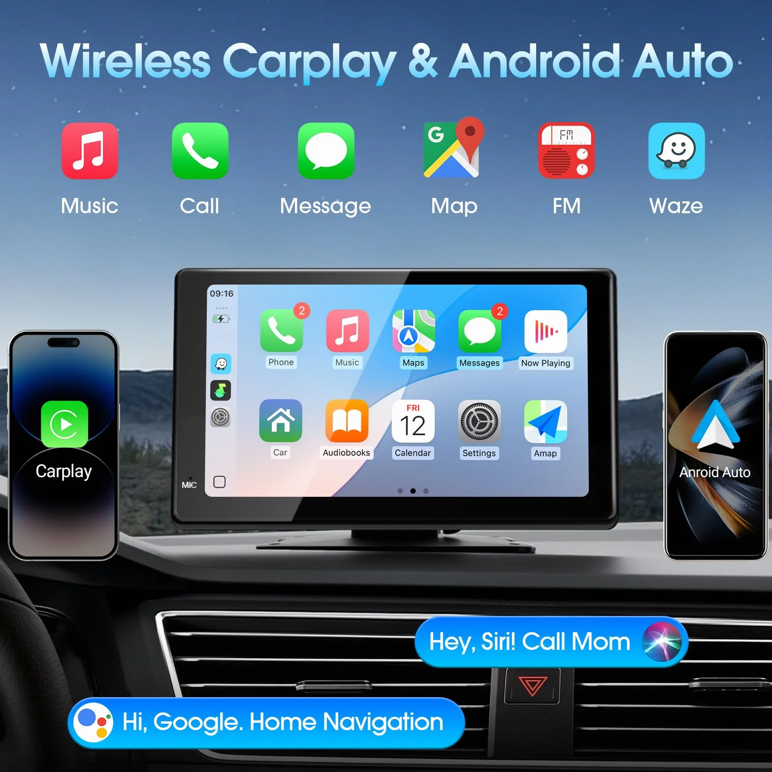 Haudio 7-calowy ekran Carplay do Apple & Android Auto, przenośne radio samochodowe z tylną kamerą 1080p, bezprzewodowe odtwarzanie samochodu ze sterowaniem głosem i łączem lustra, ekran dotykowy audio