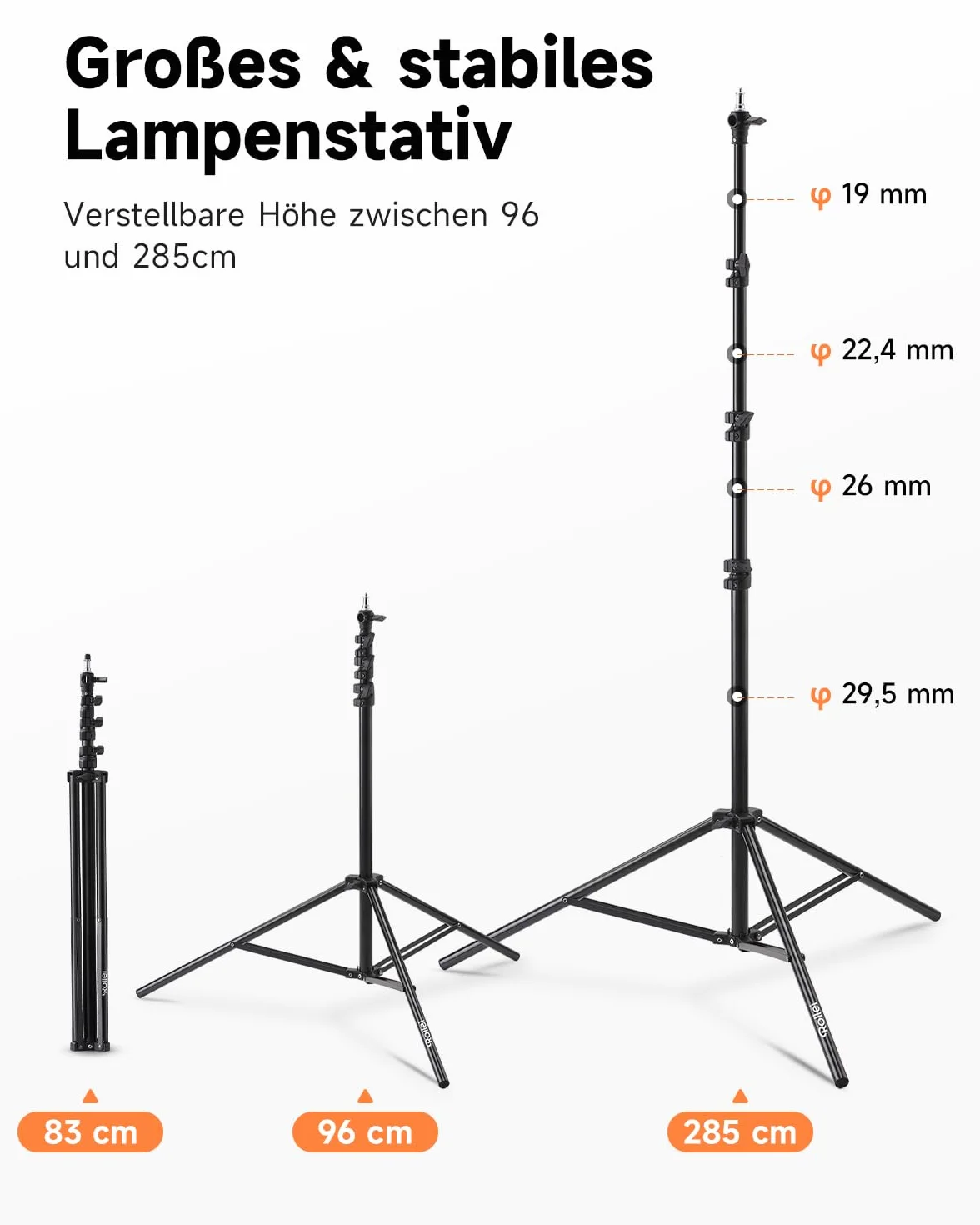 Rollei Profesjonalny statyw do lampy 285 cm - wytrzymały aluminiowy statyw do lamp studyjnych, regulacja wysokości w zakresie od 125 do 285 cm, w zestawie amortyzacja uderzeń - czarny