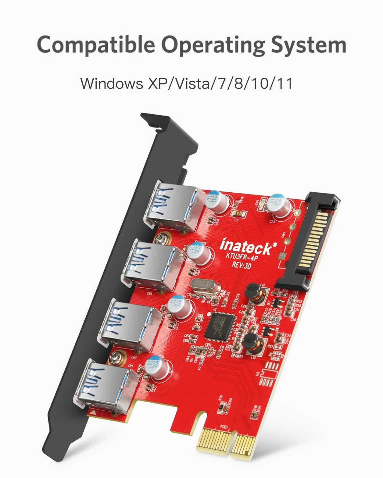 Inateck Superspeed 4-portowa karta rozszerzeń PCI-E na USB 3.0 - interfejs USB 3.0 4-portowa karta Express Desktop z 15-pinowym złączem zasilania SATA, [zawiera kabel 4-pinowy do 2 x 15-pinowy +