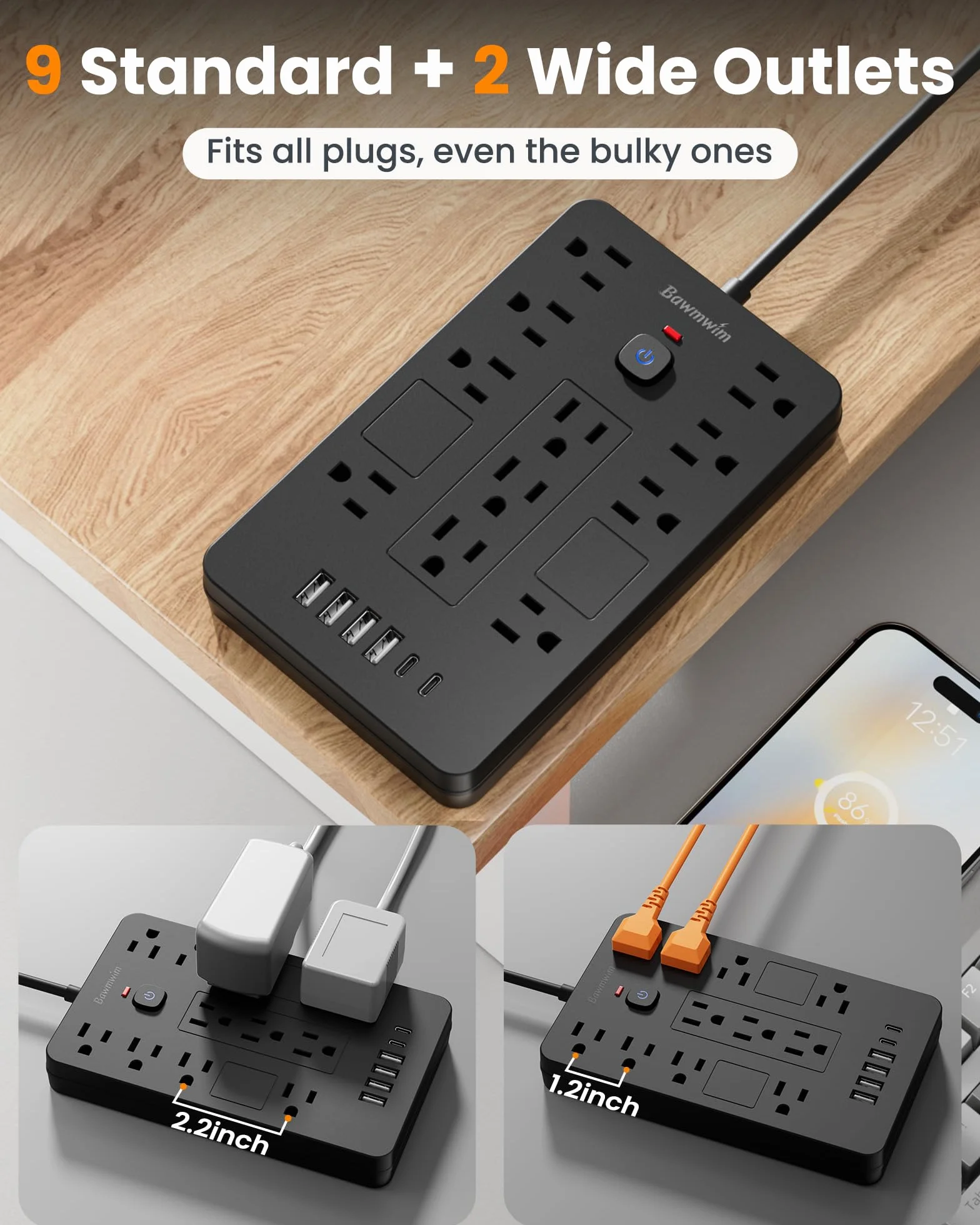 Listwa zasilająca z ochroną przeciwprzepięciową, 11 gniazd (1850 W/15 A) z 6 portami USB (2 USB C), płaski kabel przedłużający 1,8 m, do montażu na ścianie, czarna
